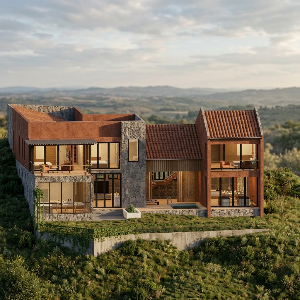 A professional architectural photograph of the modern multi-tiered villa nestled on a grassy hillside, captured with a tilt-shift lens to perfectly preserve the exact composition, perspective, and geometric structure of the scene. The warm, angled light of the late afternoon golden hour rakes across the building, highlighting the rich, tactile textures of the weathered terracotta clay roof tiles and the rough, multi-toned grey stone masonry of the walls. The earthy-red plaster elements display subtle, natural surface imperfections and organic variations in color. High-performance glass windows show soft, realistic reflections of a natural sky with sparse clouds, while warm, subtle interior lighting glows from within the rooms, revealing depth. The surrounding grassy hill features realistic blades of grass, gentle soil variations, and organic growth, replacing the flat background with a coherent, photorealistic landscape. The overall atmosphere is clean yet natural, with balanced exposure, a soft micro-contrast, and realistic material physics that yield a highly convincing and beautifully rendered architectural shot.