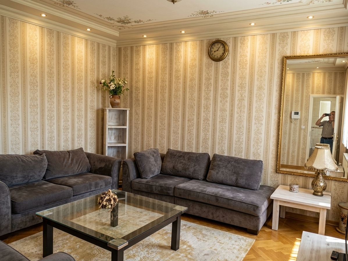 An incredibly lifelike, richly detailed, photorealistic wide-angle interior photograph of a reimagined French country living room set in a luxurious, sunlit home. The scene is illuminated by bright, warm midday summer sunlight streaming in from an adjacent window, creating a serene and inviting atmosphere. Captured with a professional medium-format camera and a 24mm wide-angle lens, emphasizing the rich textures of the elegant gold-and-beige patterned damask wallpaper and the soft, plush charcoal-grey fabric of the original sofas. The walls are adorned with an exquisite beige and gold striped-floral wallpaper that exudes French country sophistication, contrasting beautifully with the familiar deep grey plush sofas arranged around a massive dark-framed glass coffee table. Above, the ceiling is a stunning work of art, featuring intricate, light-cream classical plaster moldings and delicate hand-painted floral motifs, punctuated by modern warm-toned recessed LED spotlights that cast a soft, even glow. The red flooring is transformed into warm, honey-toned oak parquet covered with a soft, faded cream-and-gold area rug that grounds the furniture arrangement, while in the corner, a distressed white-washed wooden cabinet replaces the black shelf, holding fresh summer blooms in a rustic ceramic vase. A large, gold-gilded ornate mirror hangs elegantly on the far wall, reflecting the harmonious blend of rustic charm and refined luxury that brings this transformed space to life.