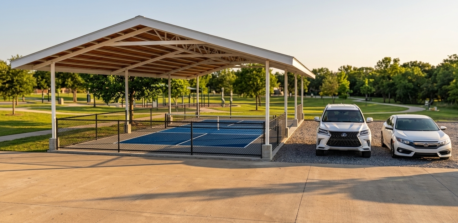 An incredibly lifelike, richly detailed, photorealistic wide-angle architectural exterior shot of an open-air sports pavilion and pickleball court set in a contemporary community fitness park. The scene is illuminated by warm, low-angled afternoon sunlight, casting long, sharp shadows across the pavement and creating a vibrant, inviting atmosphere. Captured with a 24mm tilt-shift lens, emphasizing the rich timber grain on the underside of the gabled roof, the glossy, high-performance blue finish of the court, and the metallic sheen of the white vehicles parked alongside it. This modern fusion sports amenity features clean white steel trusses and structural columns anchored to neat concrete piers. A sleek, black-framed chain-link fence wraps around the high-contrast blue and grey court, while a pristine white Lexus SUV and a Honda sedan rest on a nearby gravel parking pad. Mature green trees filter the golden afternoon light in the background, completing this high-end architectural visualization of a premium outdoor fitness facility.