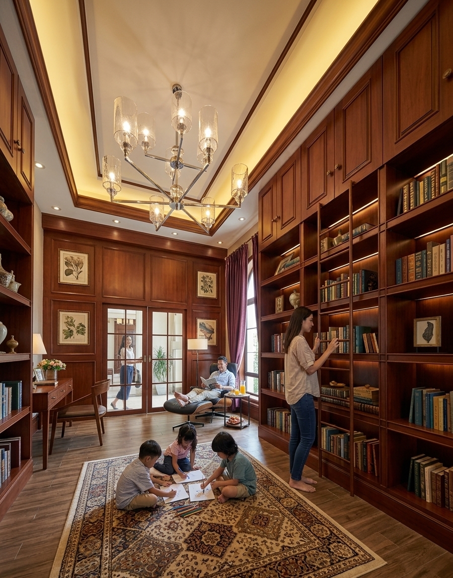 An incredibly lifelike, richly detailed, photorealistic wide-angle interior photo of a Spanish Mediterranean-style residence library set in Probolinggo, East Java. The scene is illuminated by warm midday spring daylight filtering through a tall arched window, accented by golden under-cabinet light from a recessed tray ceiling and a striking modern glass chandelier, creating a calm, cozy, and sophisticated atmosphere. Captured with a professional 24mm tilt-shift lens, emphasizing the deep, glossy textures of polished mahogany wall paneling, the matte finish of wood-patterned granite floor tiles, and the intricate weave of a centralized classic rug.

Symmetrical, floor-to-ceiling dark wood bookshelves flank both sides of the room, evoking a quiet, scholarly sanctuary. Through the glass-paneled double doors in the center, a woman is visible from the foyer, poised to open the entrance. Upon entering, she is greeted by an elegant study desk and chair on the left. On the right, near the window draped in rich plum curtains, a father is seen happily relaxing in a black leather lounge chair, reading a book with fresh orange juice and snacks set upon a small side table next to him. In the center of the warm wood-grain tiled floor, children are happily gathered on a large patterned rug, engaged in drawing, while a mother stands gracefully before the massive bookshelves, browsing through the literature.