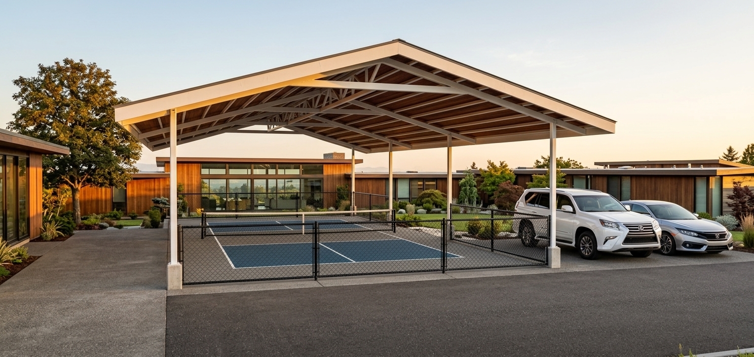 An incredibly lifelike, richly detailed, photorealistic wide-angle exterior shot of a covered outdoor pickleball court and fitness gym amenity set in a premium mid-century modern residential estate. The scene is illuminated by the warm, golden glow of a late afternoon sun, creating a welcoming and active atmosphere. Captured with a professional 24mm tilt-shift lens, emphasizing the crisp white steel trusses, rich warm-toned wooden roof undersides, and the textured concrete surfaces. 

In the background and stretching along the left side of the frame, elegant mid-century modern residential buildings feature clean horizontal lines, warm timber cladding, and expansive floor-to-ceiling glass windows that reflect the sky. The central pavilion boasts a sprawling, white-painted steel gabled roof with exposed structural trusses, lined beautifully with rich mahogany wood planks beneath. Under this protective canopy, a flawless blue and grey sports court is enclosed by a sleek, black-framed chain-link fence. On the right, a pristine white luxury SUV and a sleek modern sedan are parked on a smooth, dark asphalt driveway, while manicured landscaping and mature trees frame the luxurious, active-lifestyle community space.