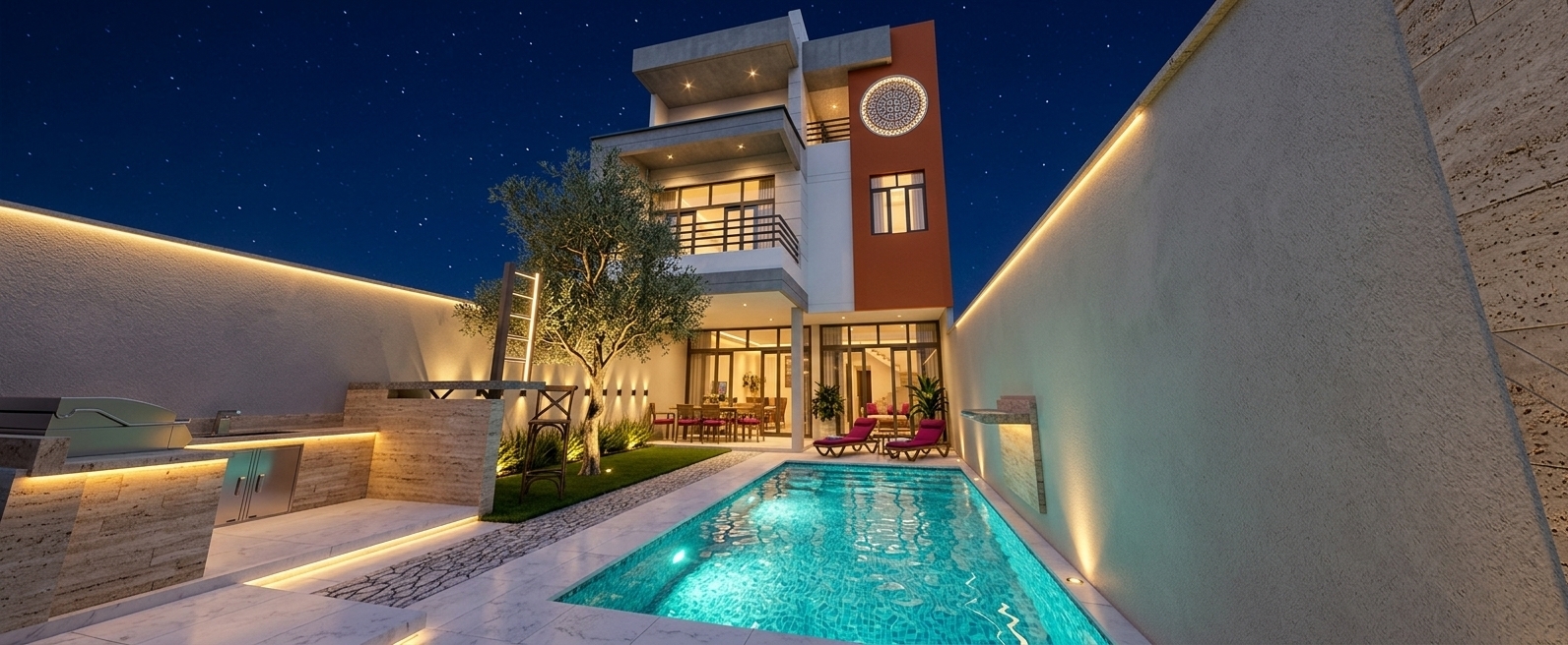 An incredibly lifelike, richly detailed, photorealistic wide-angle architectural photo of a modern Mediterranean retreat backyard set in a private, high-walled outdoor garden oasis. The scene is illuminated by a sophisticated nighttime lighting design with glowing turquoise underwater pool lights, warm LED uplights accenting the textures of the walls, and soft golden light spilling from the home's interior, creating a tranquil, luxurious, and inviting atmosphere. Captured with a professional 24mm tilt-shift lens, emphasizing the exquisite textures of polished white stone patio pavers, rustic travertine kitchen cabinetry, and the shimmering surface of the water. 

In the foreground, a sleek outdoor kitchen is equipped with a premium stainless steel grill nestled in stone cladding with soft under-counter illumination. A pristine rectangular swimming pool dominates the center, its crystal-clear water agitated by a stone-waterfall cascade feature. Comfortable fuchsia lounge chairs rest poolside, while a manicured green lawn patch features a mature olive tree highlighted by sophisticated landscape lighting. In the background, the three-story residence presents a masterful blend of clean white stucco stucco, smooth gray concrete, and a bold terracotta-orange accent wall, featuring a distinctive circular screen detail that glows softly under the starry, deep-indigo night sky.