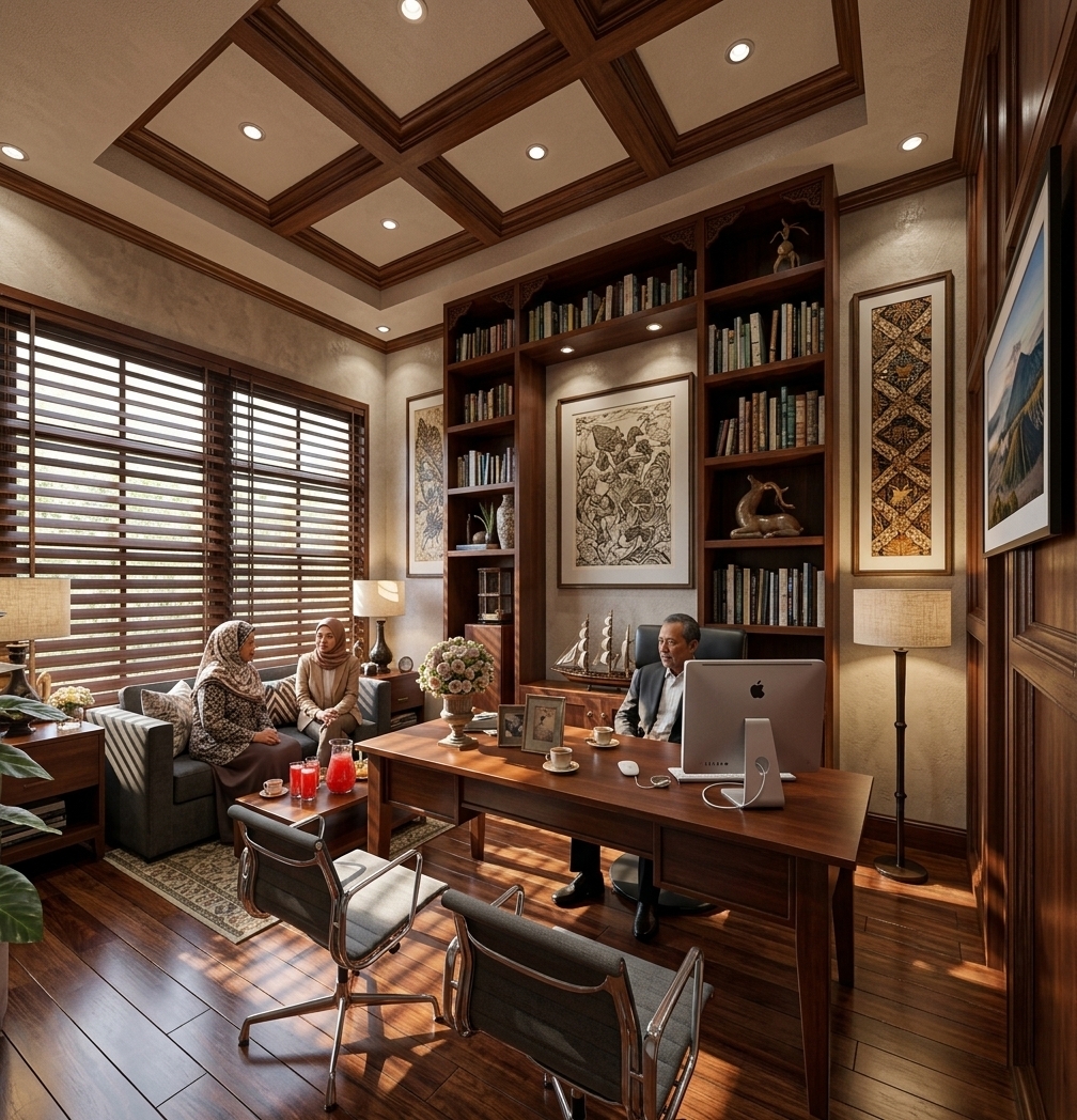 An incredibly lifelike, richly detailed, photorealistic wide-angle interior photo of a Spanish Mediterranean-style residence office set in Probolinggo, East Java. The scene is illuminated by warm midday spring daylight filtering through the window, creating a prestigious yet cozy atmosphere. Captured with a professional 24mm architectural lens, emphasizing the rich, polished grain of the dark wood furnishings. At the center, a distinguished gentleman sits focused at a classic-modern mahogany desk in a high-back Carrera executive chair upholstered in premium black Oscar leather. He works diligently on a sleek Apple iMac, flanked by a modern white keyboard and a wireless mouse. Warm, steaming cups of tea are neatly served on the desk for visitors who sit opposite in contemporary grey fabric guest chairs with glossy chrome frames. To the left, framed by a massive window with horizontal blinds, a mother and an aunt lean in close on a dark grey fabric sofa, enjoying a relaxed conversation over vibrant watermelon juice and light snacks arrayed on a dark coffee table. Dramatic, geometric shafts of midday sunlight slice through the horizontal blinds, casting striking patterns of light and shadow across the dark hardwood floor and the sprawling, book-lined built-in shelving unit behind the desk, elevating the space into a true traveler's executive sanctuary.