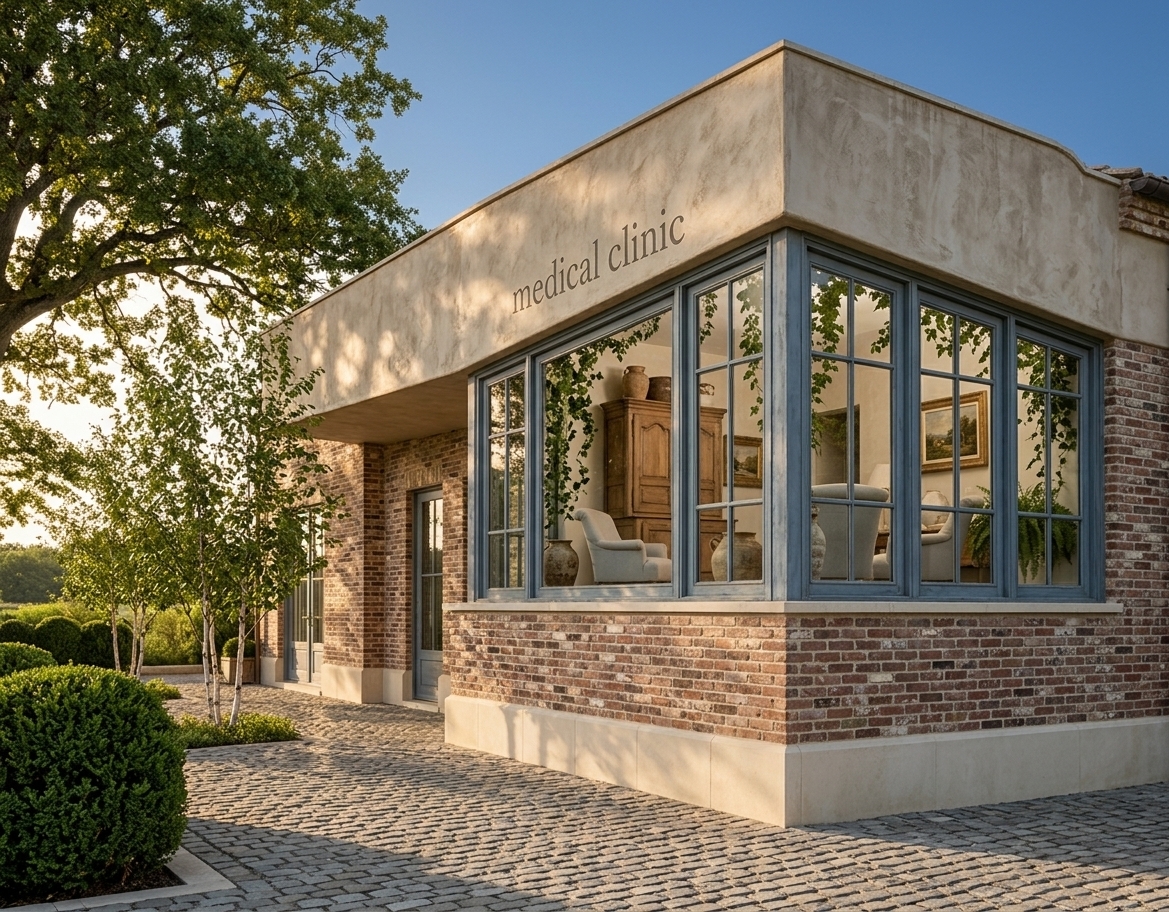 An incredibly lifelike, richly detailed, photorealistic low-angle architectural photo of a grand provincial estate reimagined as a boutique lifestyle pavilion set in a lush, pastoral countryside. The scene is illuminated by the soft, diffused golden light of late afternoon, creating a warm, deeply inviting, and romantic atmosphere. Captured with a professional medium-format camera and a 35mm tilt-shift lens, emphasizing the rich, weathered textures of hand-laid stone, distressed red brick, and soft plaster.

This elegant building masterfully blends contemporary massing with classical French country charm. The prominent, cantilevered upper structure is finished in a distressed, warm-neutral stucco that mimics vintage, hand-troweled plaster. Embedded within this plaster facade is elegant, understated custom signage in a classic serif font reading "medical clinic". Adjacent to this, the large modern window bays are transformed into grand, multi-paned French casement windows framed in a delicate, weathered slate-blue timber, allowing glimpses of a cozy, exquisitely designed interior. 

Through the clear panes of the large windows, the warm, softly lit interior spaces are visible. Intimate rooms boast lovingly arranged surfaces featuring French-inspired decor, rustic ceramic vases, and pastoral wall art framed in gilt wood. The interior styling is defined by shades of warm neutrals, soft powder blues, and delicate buttery yellows, complete with plush upholstered armchairs and vintage wooden cabinets. Lush, green indoor plants, such as climbing ivy and potted ferns, drape gracefully near the windows, enhancing the cottage-inspired aesthetic.

The lower levels of the pavilion feature a beautiful combination of weathered, textured red-and-brown brickwork set above a base of smooth, cream-colored limestone. The pedestrian walkway in the foreground is a charming, wide cobblestone plaza, where residents and visitors stroll past neatly manicured landscaping. Slender, young birch trees and romantic boxwood planters frame the building, casting soft, elongated shadows across the warm stone pathway, beautifully grounding this elegant architectural gem in its tranquil, provincial context.