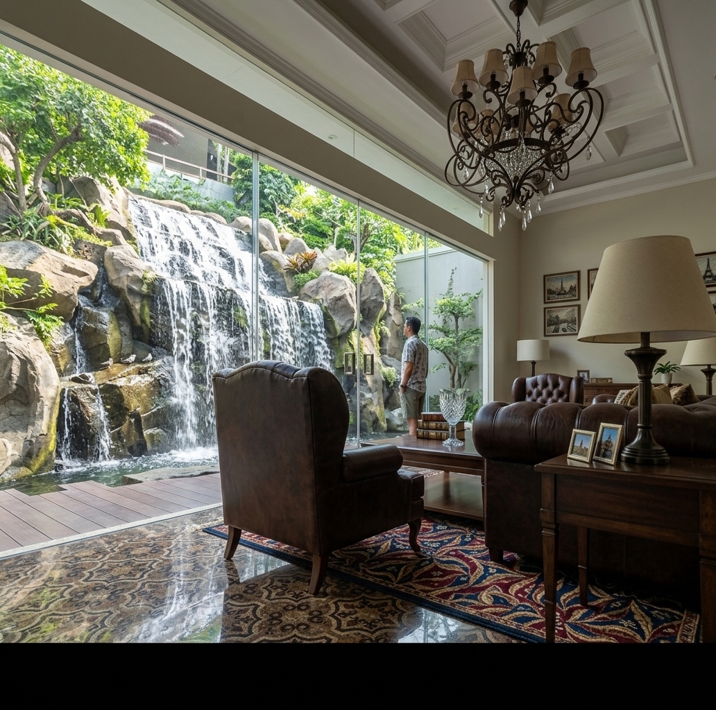 An incredibly lifelike, richly detailed, photorealistic wide-angle interior photo of a Spanish Mediterranean-style residence guest room set in Probolinggo, East Java. The scene is illuminated by bright, natural midday spring sunlight filtering through expansive floor-to-ceiling glass panels, creating a warm, tranquil, and luxurious atmosphere. Captured with a professional wide-angle lens, emphasizing the deep, rich textures of the dark brown tufted leather upholstery, the polished gleam of the decorative granite floor tile, and the sparkling, dynamic flow of the adjacent outdoor waterfall. 

This private living space features an opulent, classic leather sofa and matching high-back armchair arranged on an elegant patterned rug, exuding a sense of exclusive comfort. Large glass walls open up the space directly to a breathtaking outdoor garden retreat, where a man stands casually on the adjacent tiled terrace, fully immersed in the serene view. Outside, a magnificent artificial waterfall cascades gracefully over realistically arranged natural boulders into a crystal-clear fish pond, surrounded by a lush, vibrant vertical garden. Adding life to this exotic oasis, small birds can be seen gathering and playing on the wet stones of the waterfall, making this Mediterranean-inspired sanctuary the ultimate tropical escape.