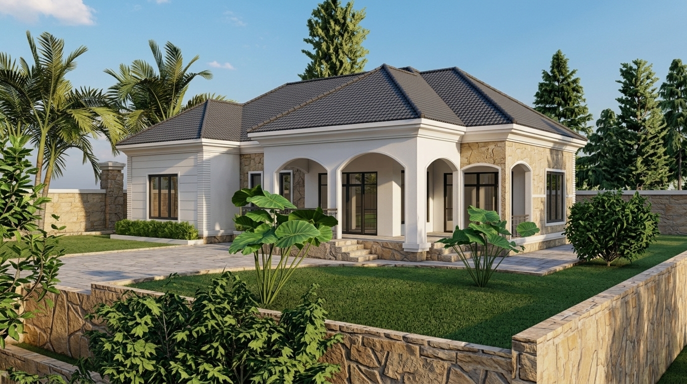 An incredibly lifelike, richly detailed, photorealistic wide-angle exterior architectural shot of a luxurious Mediterranean-style single-story villa set in a lush, terraced tropical retreat. The scene is illuminated by the warm, golden glow of mid-afternoon sunlight, casting crisp, elegant shadows across the facade and creating a serene and inviting atmosphere. Captured with a professional 24mm tilt-shift lens, emphasizing the rough texture of the dark grey roof tiles, the pristine smooth-plastered white arches of the loggia, and the natural, irregular patterns of the earth-toned stone cladding. The villa features classic arched veranda openings that frame sleek, dark-framed glass doors, connecting the interior to the beautifully manicured lawns and vibrant, large-leafed tropical foliage flanking the paved walkways. Palm trees and neatly trimmed hedges line the perimeter under a crystal-clear blue sky, completing this picture-perfect coastal sanctuary.