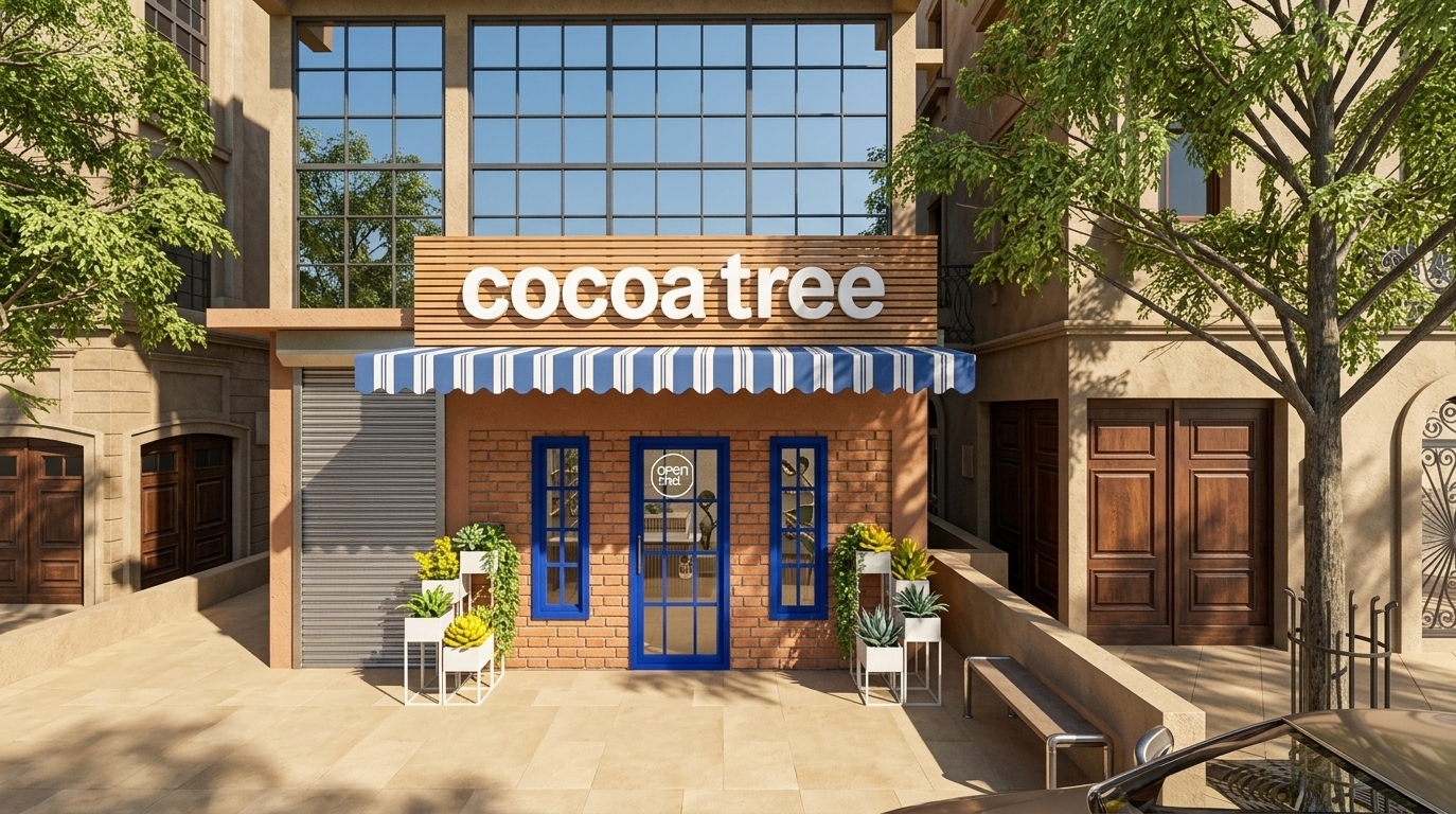 An incredibly lifelike, richly detailed, photorealistic eye-level architectural photo of a cozy storefront named "cocoa tree" set in a sun-drenched, warm-toned urban courtyard. The scene is illuminated by bright, direct midday sunlight, creating a tranquil, inviting, and sun-drenched atmosphere. Captured with a professional medium-format camera and a 35mm tilt-shift lens, emphasizing the earthy textures of real terracotta brickwork, smooth natural wooden horizontal slats, and the sharp, clean lines of the architectural surroundings.

In this beautiful scene, the "cocoa tree" storefront stands out with its minimalist yet inviting presence, seamlessly blending modern design with rustic charm. The storefront features a prominent wooden slat sign with bold, rounded white lettering, underscored by a classic scalloped blue-and-white striped fabric awning that casts a sharp shadow onto the warm-toned brick facade below. Under the awning, the vibrant royal blue trim of the central glass-paned door and two flanking vertical windows pops beautifully against the textured terracotta bricks. On either side of the entrance, minimalist white tiered planters hold lush green plants and bright yellow succulents, adding a desert-oasis touch to the courtyard. The ground is paved in smooth, sand-colored limestone tiles that reflect the midday warmth. Framing the scene, elegant, mature deciduous trees with delicate green leaves cast soft dappled shadows across the stone patio and neighboring beige-stucco buildings, completing this tranquil, picture-perfect architectural retreat.