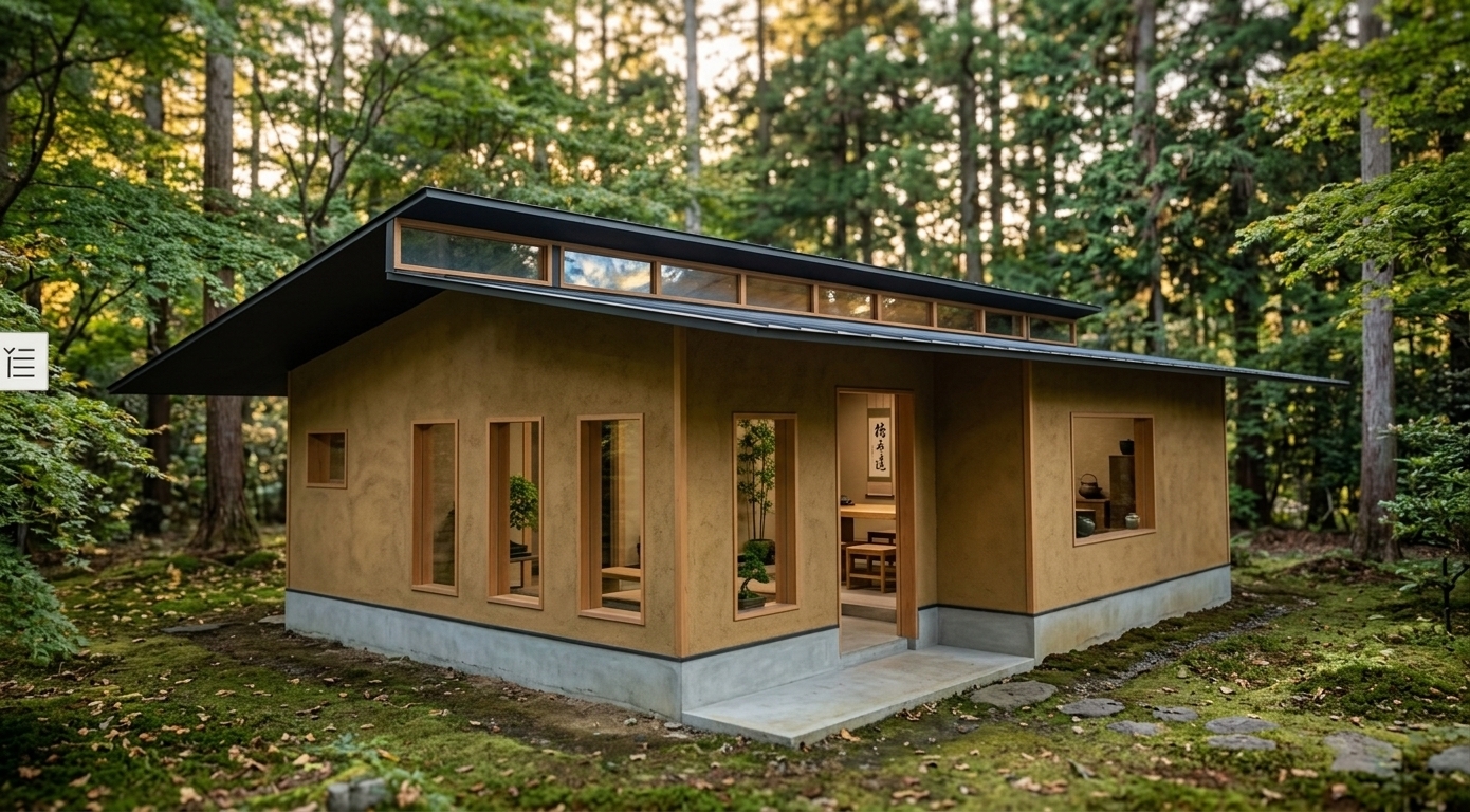 An incredibly lifelike, richly detailed, photorealistic low-angle architectural photo of a modern Japanese Zen workshop set in a tranquil, moss-carpeted forest glade. The scene is illuminated by soft, golden late afternoon light filtering through surrounding maple and cedar trees, creating a calm, meditative atmosphere. Captured with a professional 35mm tilt-shift lens, emphasizing the organic texture of the earth-toned ochre plaster walls, the smooth, cool-toned concrete foundation, and the clean geometric lines of the timber-framed windows. 

Beneath the dramatic overhang of a dark matte-metal shed roof, a continuous band of clerestory windows is highlighted by subtle reflections of the sky, letting diffused light pour into the interior. Through the open, unglazed rectangular windows, the minimalist workshop reveals an uncluttered, balanced space featuring low wooden furniture, a pristine oak work table, and a stunning Japanese calligraphy scroll on a neutral plaster wall. Touches of natural green from indoor bonsai and bamboo plants breathe life into a harmonious palette of deep charcoal, natural wood, and warm earth tones, evoking the essence of wabi-sabi simplicity perfect for a high-end architectural photography book.