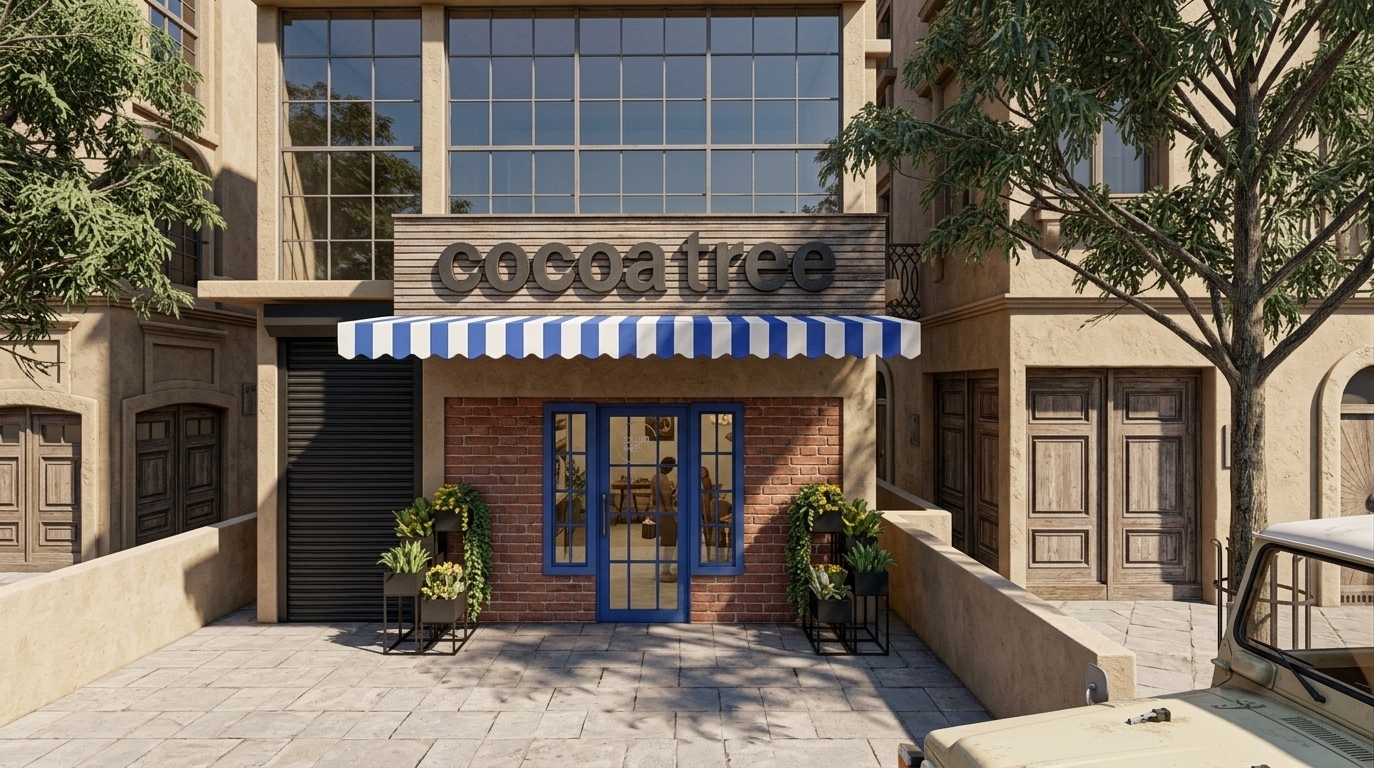 An incredibly lifelike, richly detailed, photorealistic eye-level architectural photo of the 'cocoa tree' coffee shop set in a tranquil, modern desert retreat. The scene is illuminated by the intense, direct light of midday, creating a warm, sun-drenched atmosphere with crisp, geometric shadows cast along the paved stone courtyard. Captured with a professional 35mm architectural lens, emphasizing the textured, sand-grained adobe plaster of the surrounding walls and the rustic red terracotta brick facade framing the entrance. The minimalist storefront features a vibrant cobalt-blue and white striped awning that coordinates perfectly with the matching blue-framed glass entrance, contrasting beautifully with the earthy, beige walls and warm neutrals. Symmetrical iron plant stands holding green foliage and yellow succulents flank the entrance, nodding to a simplified Southwestern aesthetic. Beside the shop, a closed black roller shutter adds a touch of industrial, pared-down simplicity, while the clear glass door hints at an inviting interior accented by rustic wooden textures and tranquil, desert-inspired decor.