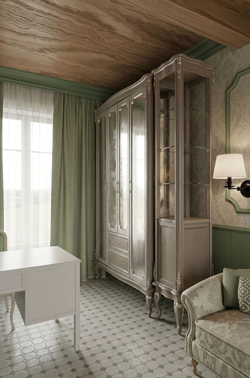 A professionally captured photographs of a Provence-style study room, maintaining the exact layout, geometry, and placement of all furniture. The scene is illuminated by soft, diffused morning daylight flowing through the sheer white window curtains, creating a subtle gradient of light across the room, while the classic wall sconce next to the sofa casts a warm, inviting tungsten glow. The camera, utilizing a professional wide-angle lens, captures sharp details from the fine weave of the green linen curtains to the intricate damask wallpaper and patterned upholstery on the sofa. Natural imperfections enhance the photorealism, including faint dust particles on the glass display shelves, subtle aged reflections on the wardrobe's glass doors, and organic variations in the wood grain on the ceiling. The hexagonal tile floor exhibits realistic grout lines with a soft matte-satin finish that gently catches the light. The shot has a high dynamic range that preserves details in both the brightly lit window area and the soft shadows beneath the desk and wardrobe, complete with microscopic lens grain and gentle vignetting that grounds the entire image in reality.