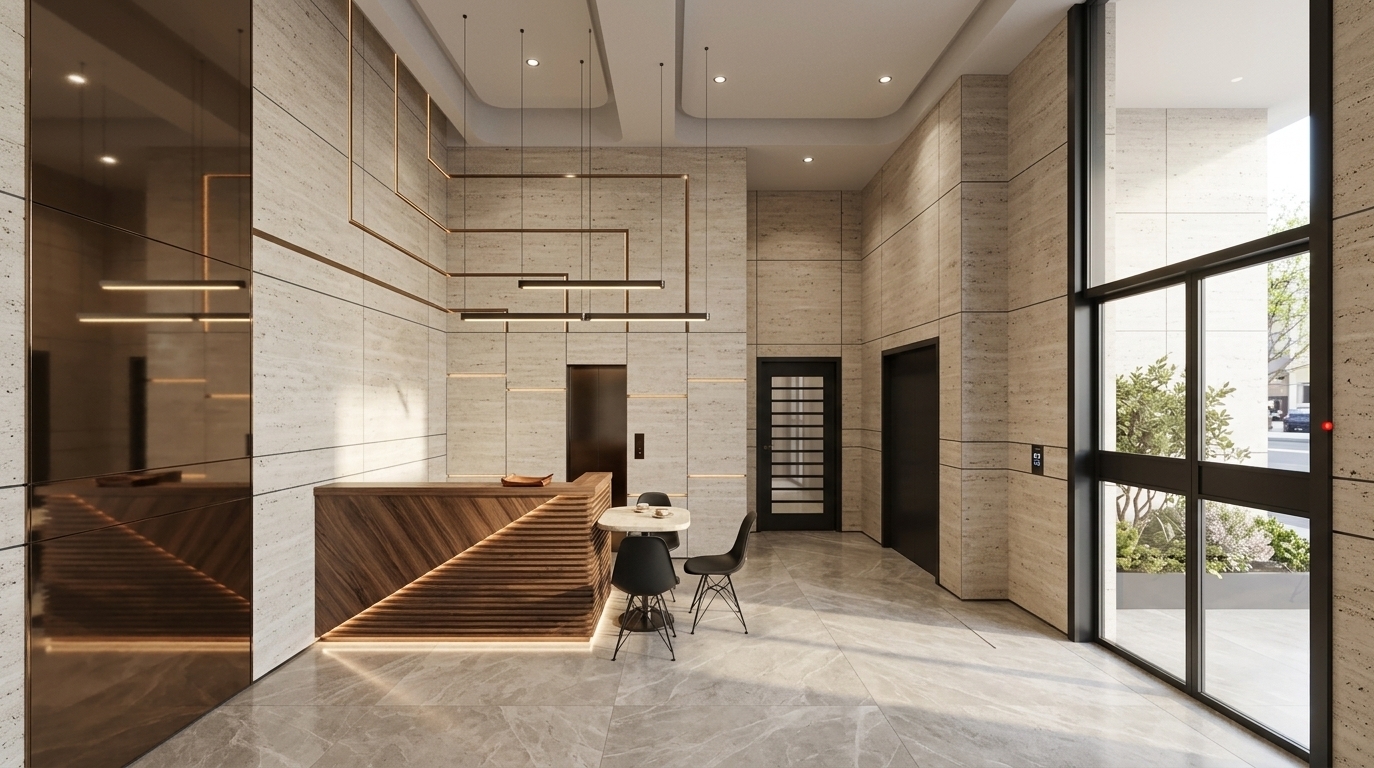 An incredibly lifelike, richly detailed, photorealistic wide-angle interior photograph of an upscale hotel lobby set in a modern architectural development during a bright spring afternoon. The scene is illuminated by ample natural light flowing from an unseen source, perfectly balanced by the warm, inviting glow of integrated geometric LED strip lights and delicate minimalist pendant fixtures, creating a sophisticated and welcoming atmosphere. Captured with a professional 24mm tilt-shift lens, emphasizing the subtle textures of the large-format travertine stone wall panels, the organic patterns of the polished neutral-toned tile floor, and the complex craftsmanship of the custom-designed reception desk. This cyber eclectic fusion space seamlessly integrates smart 'AI-inspired' design elements through flowing, constructible curved plaster ceiling transitions and softly rounded wall details, avoiding cold sci-fi cliches in favor of elegant, buildable organic craftsmanship. The custom wooden reception desk, detailed with diagonal fluted grooves and warm backlighting, sits adjacent to an intimate consultation area with a stone-top table and stylish black chairs, while a high-gloss reflective accent wall on the left mirrors the architectural lines, guiding the eye toward a sleek, dark-finished elevator portal and a grid-glass door in the background.