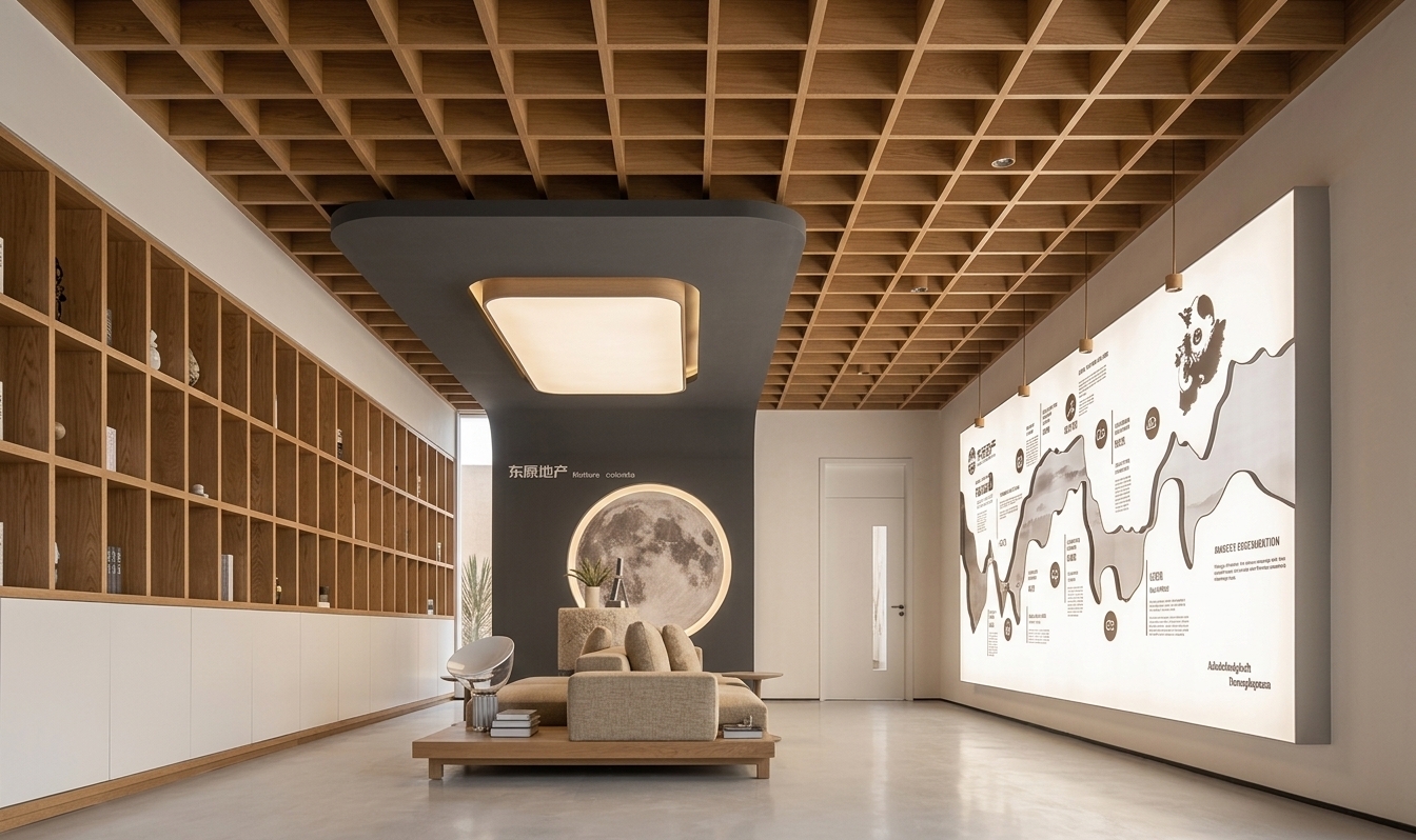 An incredibly lifelike, richly detailed, photorealistic wide-angle interior shot of a minimalist exhibition and lounge space set in a tranquil spring desert retreat. The scene is illuminated by the bright, warm wash of midday spring sunlight entering from unseen floor-to-ceiling windows, creating a serene, airy, and sophisticated atmosphere. Captured with a professional medium-format camera and a 24mm tilt-shift lens, emphasizing the immaculate alignment of the architectural grid, the rich, tactile textures of the wood, and the soft, diffused shadows.

A masterfully crafted light oak coffered waffle ceiling spans the entire overhead plane, casting subtle geometric shadows that change with the midday sun. On the left, a grand, built-in oak bookcase runs the length of the wall, featuring alternating open cubbies and seamless white handleless cabinetry at the base. In the center, a contemporary modular sofa upholstered in a coarse, sandy-oat-colored linen sits on a low wooden plinth, decorated with art books and a modernist chrome table lamp. Over the seating area, a curvilinear matte charcoal gray canopy drops from the ceiling, framing a large, soft-glow recessed lightbox. The back wall features a circular, textured moon mural adjacent to a flush, minimalist white door. To the right, a massive, backlit graphic timeline installation is illuminated by delicate, minimalist cylindrical pendant lights. The floor is a pristine, semi-polished light gray microcement that mirrors the ambient light, reflecting the natural warmth of the desert environment outside and seamlessly blending modern exhibition design with the tranquility of a high-end arid retreat.