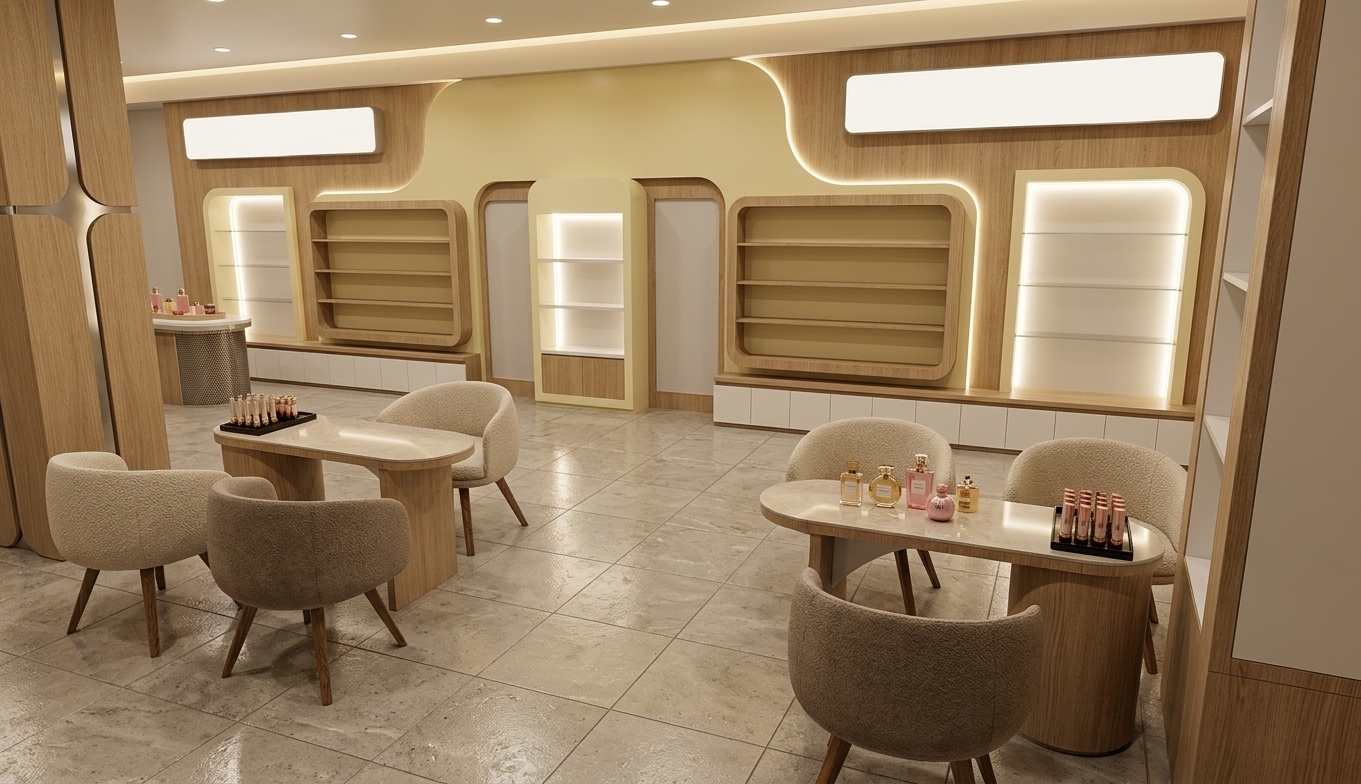 A sharp, wide-angle photograph of a modern cosmetics retail interior from a three-quarter perspective, capturing the exact spatial layout and geometry under realistic, soft showroom lighting. Warm yellow LED light strips are concealed along the ceiling trim and within the dark-accented structural column, casting a gentle warm glow that contrasts beautifully with the diffused, blank white lightboxes on the walls that display no brand names or logos. The back wall features light oak wood veneer panels with a realistic, tactile grain texture, framing rounded recessed shelving bays with subtle white trim edges. In the mid-ground, oval consultation tables with matte-gray laminate tops and light wood bases feature small trays displaying glossy pink, purple, and metallic gold cosmetic bottles that catch soft overhead reflections. Surrounding these tables, gray and beige fabric upholstered chairs display realistic seams and natural texture, casting soft contact shadows onto the large-format matte gray tiled floor. The photograph is captured with a professional lens, featuring a subtle natural depth of field, realistic surface micro-textures on the plaster and wood, and a clean, organic warmth with very faint lens vignetting at the corners.