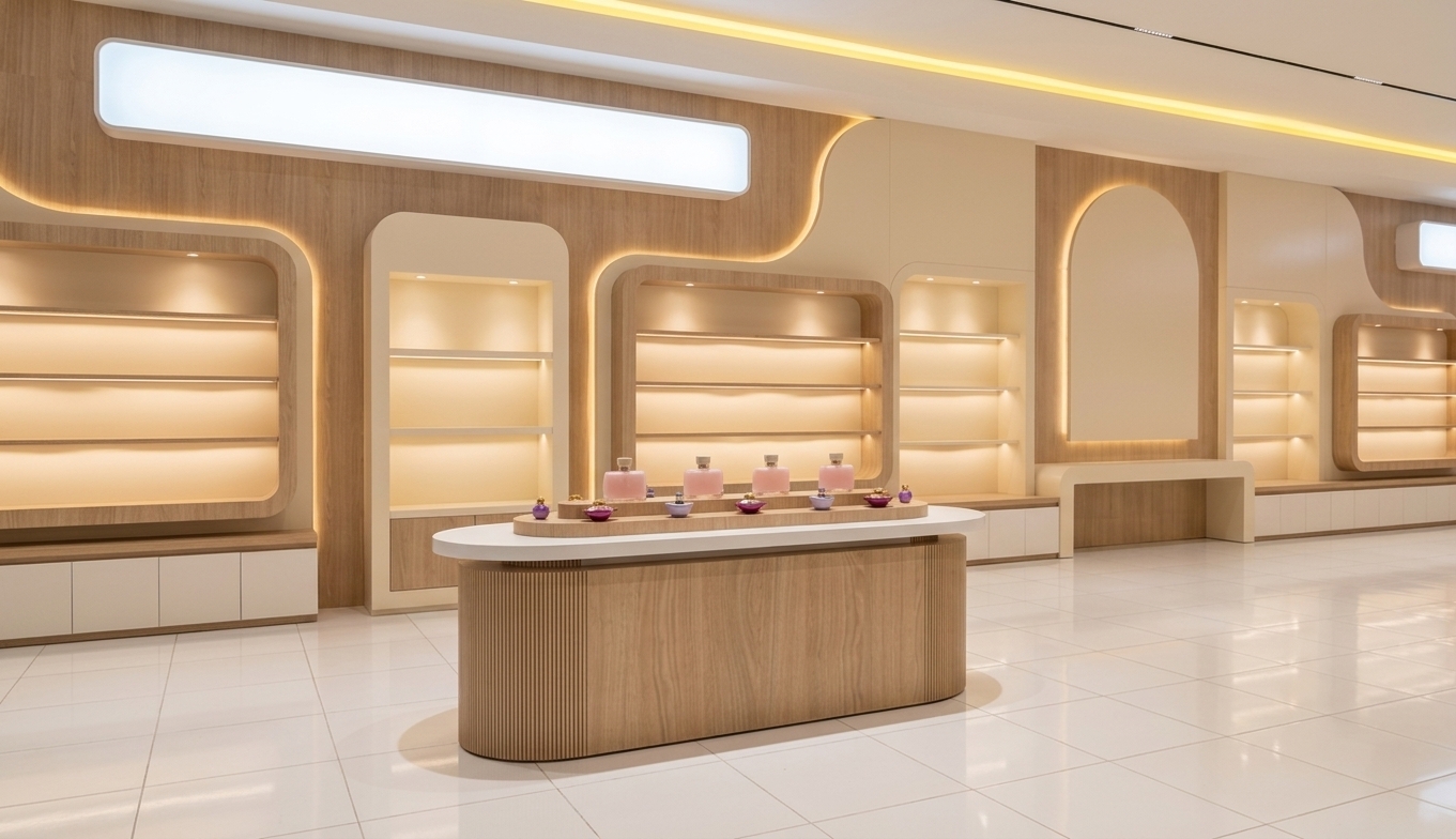 A professional architectural photograph of a sleek, modern cosmetics retail showroom, maintaining the exact layout, camera perspective, and composition of the scene. In the foreground, an oval-shaped island display features a fluted light oak wood base with fine vertical slats and a solid matte white countertop, styled with small pink cosmetic bottles alongside gold-accented purple jars arranged neatly on terraced stands. In the background, the wall showcases rounded-corner inset shelves crafted from a matching light-colored wood veneer and soft cream-paneled backdrops, illuminated by warm, diffused built-in LED lighting that casts a soft, inviting glow. A large, blank, glowing white rectangular light box without any branding sits integrated on the upper left wall. The ceiling features a long, warm yellow linear strip light running along the recessed border, with soft downlighting casting gentle shadows across the space. The floor consists of clean, polished white ceramic tiles with subtle, thin grout lines that softly reflect the ambient showroom illumination. The image has the pristine clarity of professional interior photography, with crisp focus, natural depth of field, realistic textures on the wood grain, and a bright, high-end atmosphere captured with a high-end wide-angle lens.