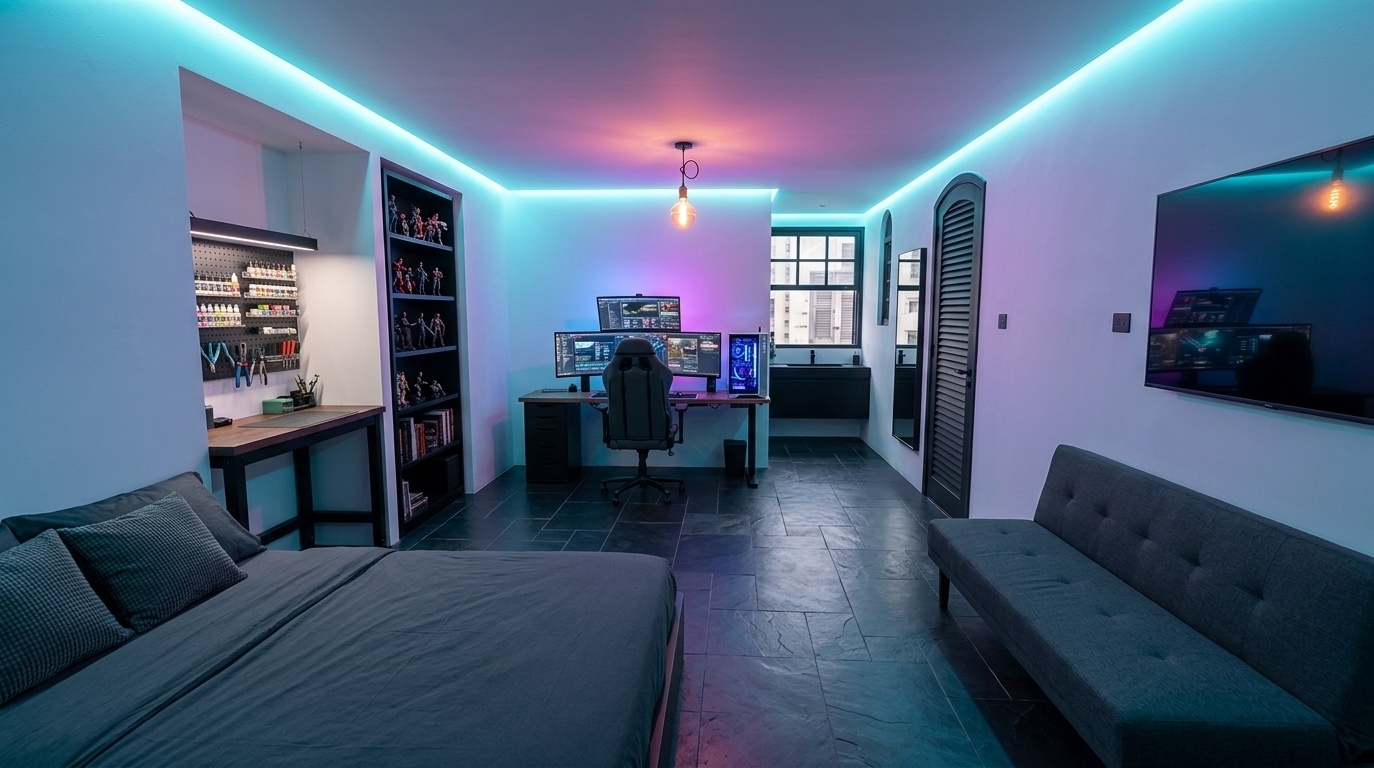 An incredibly lifelike, richly detailed, photorealistic wide-angle interior photo of a masculine bedroom transformed into a techno wonderland, set in a clean space featuring a dark natural slate tiled floor. The scene is illuminated by ambient RGB LED strip lighting running along the ceiling corners, casting futuristic cyan and magenta hues across the white walls, creating a moody and immersive gaming sanctuary atmosphere. Captured with a professional 20mm lens, emphasizing the contrasting textures of the polished dark slate, matte-black furnishings, and glowing tech screens. In the first deep recess on the left, a creative atelier setup features a robust workbench and a wall-mounted pegboard holding paint bottles and hobby tools. Adjacent to it in the next niche, a tall matte-black bookcase displays a collection of action figures and books. Against the back-center wall, a gaming command-station boasts a massive curved monitor, a liquid-cooled gaming PC filled with glowing components, and an ergonomic gamer chair positioned at a 90-degree angle to the wall. To the right, a versatile dark grey fabric sofa-bed sits comfortably beneath a large wall-mounted flatscreen television. In the left foreground, a low-profile platform bed dressed in clean charcoal linens provides a cozy resting spot, while the far corridor by the original window is enhanced with a sleek, minimalist matte-black sink and smart mirror, executing a highly functional and modern layout.