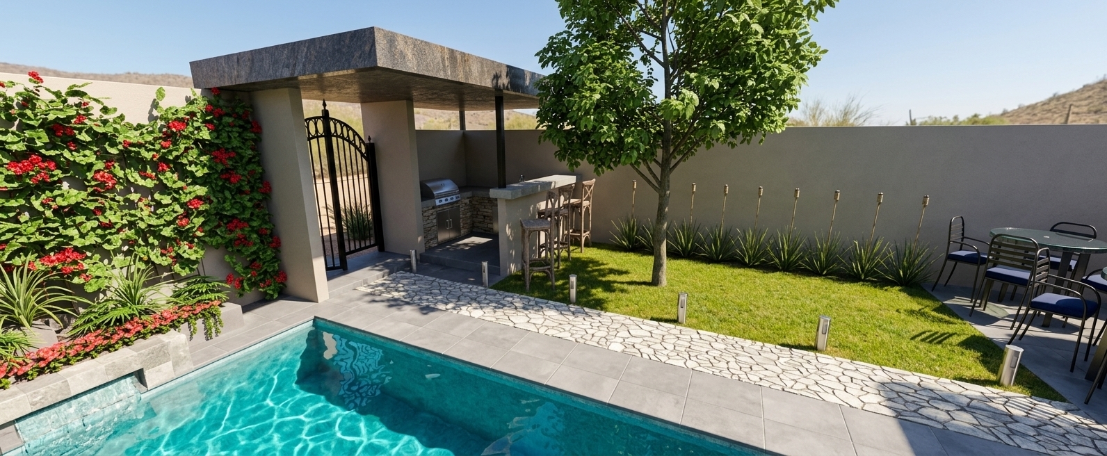 An incredibly lifelike, richly detailed, photorealistic landscape photo of an outdoor pool area set in a modern desert retreat. The scene is illuminated by the bright, direct sunlight of a clear, sunny day, creating a warm, vibrant, and inviting atmosphere. Captured with a professional wide-angle camera lens, emphasizing the shimmering turquoise rippling water of the pool in the foreground, the earthy texture of the dark granite pavilion roof, and the varied green tones of the carefully preserved vegetation. 

Maintaining the exact original layout and design, the backyard oasis features a smooth grey tiled patio surrounding the pool, adjacent to a decorative light-grey stone pathway. This path leads past a neat patch of green lawn punctuated with low-profile garden lighting and a central, leafy green tree. On the left, lush climbing vines with vibrant red flowers cover the wall near a black wrought-iron gate, while a modern covered outdoor kitchen showcases a built-in grill and rustic wooden bar stools. To the right, stylish outdoor dining sets with navy blue chairs rest under the bright sky, completing the luxurious and functional backyard layout.