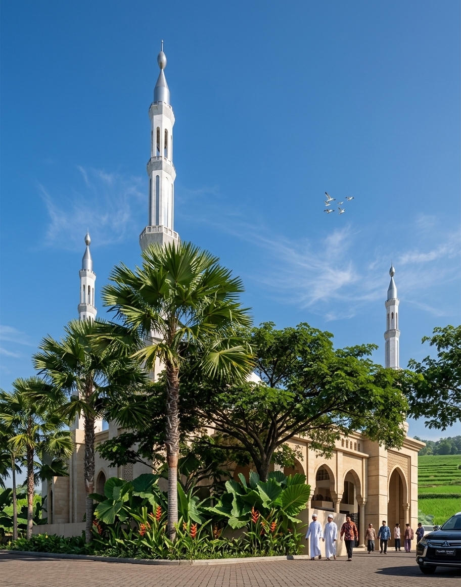 An incredibly lifelike, richly detailed, photorealistic wide-angle exterior photo of a grand Islamic mosque inspired by the Madinah Al-Munawwarah style, set in the serene, lush countryside of Probolinggo, East Java. The scene is illuminated by the bright, clear midday spring sun, creating a vibrant and spiritually uplifting atmosphere. Captured with a professional high-resolution wide-angle lens, emphasizing the intricate beige sandstone of the Moroccan mystique facade and the slender, towering white minarets that stretch majestically toward a clean blue sky. 

At the main entrance, visitors are greeted by a verdant tropical landscape featuring tall Sadeng palms resembling date trees, underplanted with large-leafed brown-stalked *sente* plants and a dense barrier of flowering heliconias, rendering the compound lush and inviting. On the paved driveway, a sleek black Pajero Sport Dakar is captured smoothly exiting past the front gate, while other vehicles are neatly parked inside the courtyard. Devout male worshippers in elegant attire, alongside local villagers, are seen walking companionably toward the grand arched portals for congregational prayer. Above, a flock of white seagulls cuts gracefully through the clear air, with the pristine green of distant Javanese rice fields completing this peaceful architectural masterpiece.