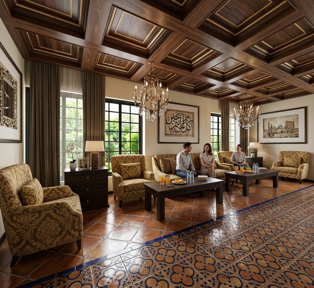 An incredibly lifelike, richly detailed, photorealistic wide-angle interior photo of a Spanish Mediterranean-style residence guest room area set in Probolinggo, East Java. The scene is illuminated by warm midday spring daylight filtering through some tall windows, creating a serene and highly welcoming atmosphere. Captured with a professional wide-angle lens, emphasizing the dark wood coffered ceiling with gold inserts, the polished Moroccan-style floor tiles, and the gold-and-brown damask upholstered seating, this space exudes warmth. In this inviting setting, the host couple reads as a welcoming presence, engaging in warm conversation with their guests over servings of refreshing iced orange juice, water, and light snacks neatly arranged on the dark timber coffee tables. Centered on the main wall, a beautifully framed piece of elegant Arabic calligraphy enhances the spiritual calmness of the room. Through the dark-trimmed windows, a lush, vibrant green garden is visible, providing a soothing, cooling visual backdrop that brings a touch of natural tranquility to this exquisite, Moroccan-infused living area.