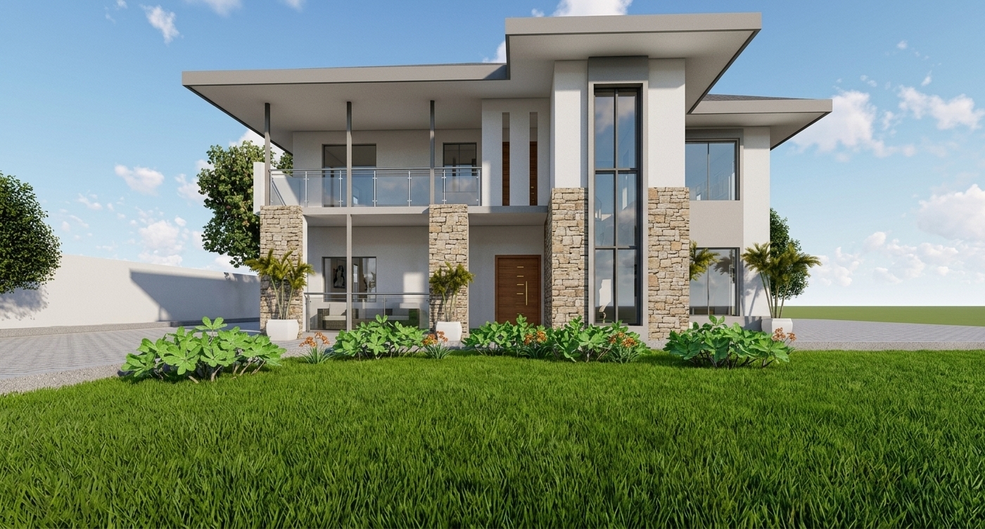 A professional DSLR architectural photograph of a modern villa during a bright, sunny afternoon, captured with a wide-angle lens that preserves the exact camera angle, perspective, and composition. The villa features pristine white stucco walls with a fine, natural micro-texture, contrasted by rough-hewn stone cladding on the structural pillars that shows realistic depth and organic detail. The large, high-performance insulated glass windows are subtly tinted, reflecting the bright blue sky and soft, wispy clouds while revealing warm, inviting artificial light glows from the interior rooms. The wooden front door has a warm, natural grain visible under the crisp sunlight. In the foreground, a vibrant, lush green lawn is rendered with realistic, individual blades of grass and natural variations in tone, while the low-lying shrubs and potted palms show organic leaf textures and gentle specular highlights. The dark paved driveway on the left has a realistic concrete texture with fine surface grains. The bright, high-contrast afternoon sun casts sharp, dramatic shadows on the building's facade and across the grass, balanced by soft ambient fill light from the sky, resulting in a photorealistic, internationally standardized architectural image with natural lens characteristics like subtle vignetting and a realistic depth of field.