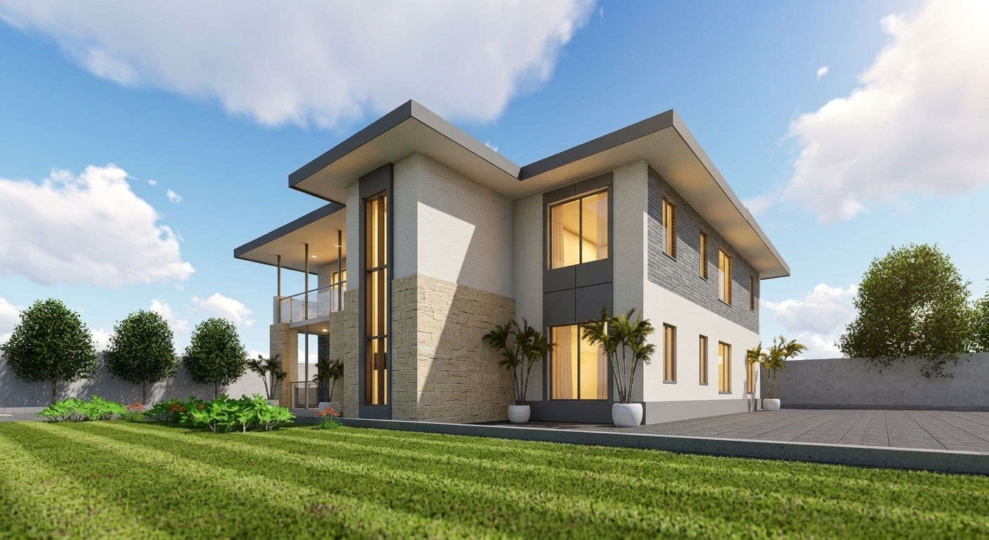 A crisp, high-end professional DSLR architectural photograph of a modern two-story villa, captured from a low, wide perspective on a bright, sunny afternoon under a clear blue sky with soft, wispy cumulus clouds. The warm sunlight casts clean, sharp shadows across the scene, highlighting the textures of the building, while warm, glowing artificial lights from within the villa's rooms are visible through the windows, creating a realistic contrast with the bright daylight. The main facade features bright white stucco walls with a finely granulated plaster texture that catches the light naturally. The textured beige stone accent wall in the center displays rich, tactile depth, while the dark grey stone brick cladding on the upper level shows realistic variations in slate tone and joint lines. The high-performance insulated glass windows exhibit subtle double-pane reflections of the sky and the surrounding environment, with soft interior light spilling out. The meticulously mown lawn in the foreground features realistic, detailed grass blades with natural variations in its striped pattern. On the right, the paved driveway consists of dark charcoal-colored concrete pavers with natural micro-textures, subtle dust in the joints, and a realistic matte finish. Potted palm plants in smooth, white ceramic pots line the side wall, their leaves showing realistic subsurface scattering under the sun. The scene is rendered with the natural look of a real photograph, complete with perfect vertical lines from a tilt-shift lens, incredibly subtle lens bloom, soft atmospheric depth, and the fine, natural grain of a professional full-frame camera.