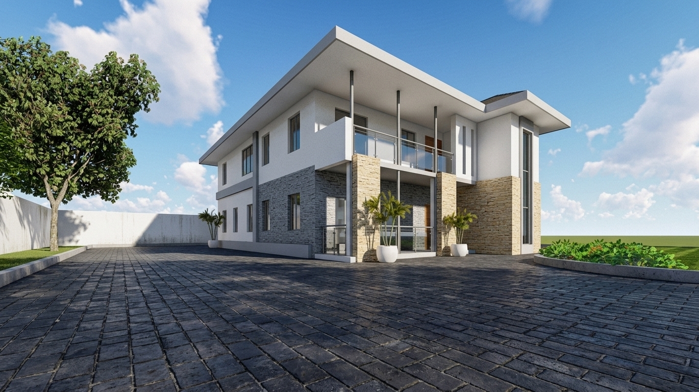 An architectural photograph of a modern two-story villa captured during a bright, clear afternoon, keeping the exact perspective and composition of the scene. The villa's upper facade features a clean, bright white stucco finish with a subtle, realistic fine plaster texture, contrasted by a textured grey stone cladding on the lower level and sandy-beige stacked stone accent pillars that display natural variations in depth and color. The large, high-performance insulated windows and glass balcony railings are clean and reflective, mirroring the blue sky and soft clouds while transmitting a warm, subtle glow from interior artificial lighting. The expansive foreground is paved with dark charcoal-grey concrete blocks, showing highly detailed, slightly weathered surface textures, fine joints, and realistic micro-imperfections like dust and minor scuffs. Crisp, direct sunlight from a high angle casts sharp, deep shadows across the facade and the pavement, accentuating the building's geometric form. On the left, the mature tree is rendered with organic complexity, its vibrant green leaves casting soft dappled shadows onto the white boundary wall, while potted green plants flank the building's base. The final image has the crisp color space and dynamic range of a professional DSLR photograph, with a touch of natural lens bloom, gentle corner vignetting, and lifelike micro-textures on every surface.