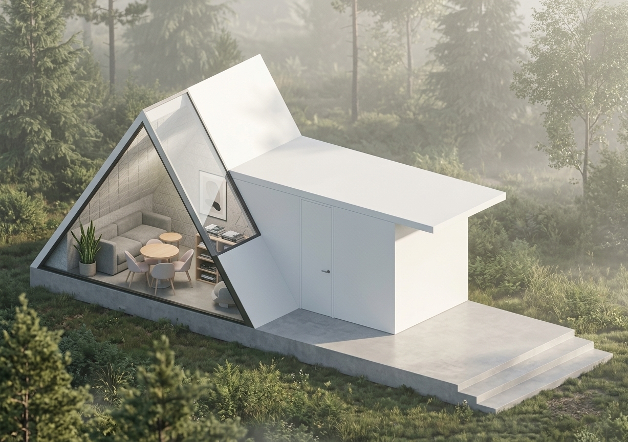 An incredibly lifelike, richly detailed, photorealistic isometric architectural photo of a modern minimalist coworking space cabin set in a serene, mist-shrouded woodland clearing. The scene is illuminated by soft, diffused morning sunlight, creating a tranquil and highly focused atmosphere. Captured with a medium-format camera and a prime lens, emphasizing the matte finishes of the pristine white walls and the seamless glass-to-metal joints of the structure's iconic A-frame window. Through the massive triangular glass facade, a hyper-minimalist interior is visible, showcasing zen-inspired furnishings like a sleek gray sofa, a light wood round meeting table, and streamlined pastel chairs. A beautifully curated stack of photography books, a single abstract wall art print, and a lively indoor snake plant sit on clutter-free, functional surfaces. The adjacent flat-roofed entrance block stands clean and elegant, complete with a flush white door, all resting on a smooth concrete deck that steps down into the peaceful, undeveloped landscape.