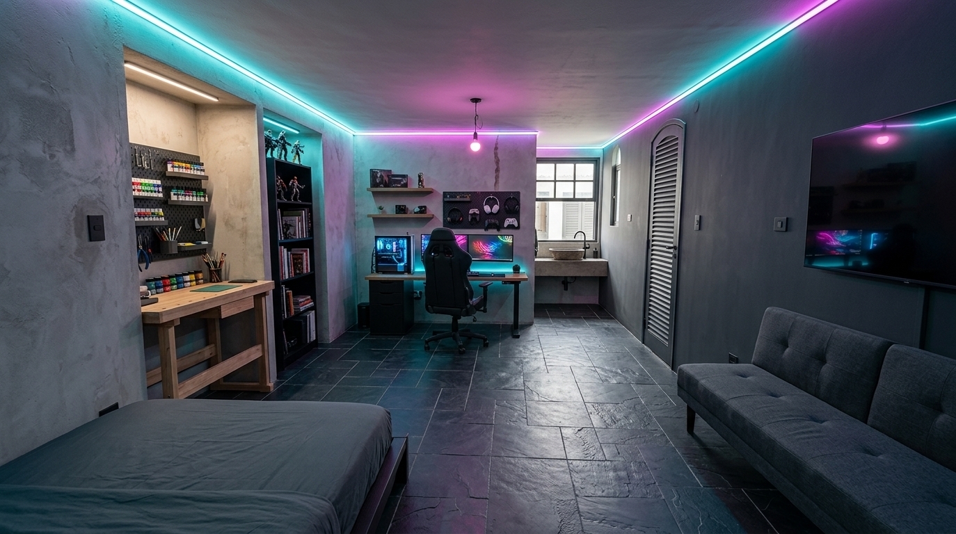 An incredibly lifelike, richly detailed, photorealistic wide-angle interior shot of a tech-focused masculine bedroom studio set in a modern industrial apartment. The scene is illuminated by cool-toned cyan and magenta LED strip lights tracing the ceiling's perimeter, balanced by the ambient glow of high-tech gear, creating a vibrant, cinematic techno wonderland atmosphere. Captured with a Hasselblad H6D-100c, 24mm lens, emphasizing the rich, natural cleft texture of the deep green-black slate tile floor and the sharp details of the meticulously styled furniture. In the first recessed alcove along the left wall, a dedicated art atelier is established, featuring a sturdy light-wood workbench paired with a dark grey pegboard organizer loaded with colorful acrylic paint bottles, fine-tip brushes, and crafting tools. In the adjacent second alcove stands a tall, modern black bookcase filled with design volumes and highly detailed action figures. Against the main back wall, a state-of-the-art gaming hub is arranged 90 degrees to the wall, showcasing an ergonomic matte-black gaming chair pulled up to a desk equipped with a glowing liquid-cooled PC tower, dual monitors displaying colorful graphics, overhead floating wooden shelves stacked with books, and a dedicated wall pegboard organizing premium wireless headsets and customized game controllers. Along the right-hand wall, a modern charcoal-grey sofa-bed sits directly beneath a large, wall-mounted smart television, creating a comfortable entertainment hub. In the foreground left corner, a minimalist platform bed dressed in clean, dark-grey linens anchors the living space. By the glass window in the back, a rustic concrete vessel sink with a sleek, matte black faucet is neatly integrated, providing a practical wash station that complements the art-making corner while enhancing the room's industrial, high-utility aesthetic.