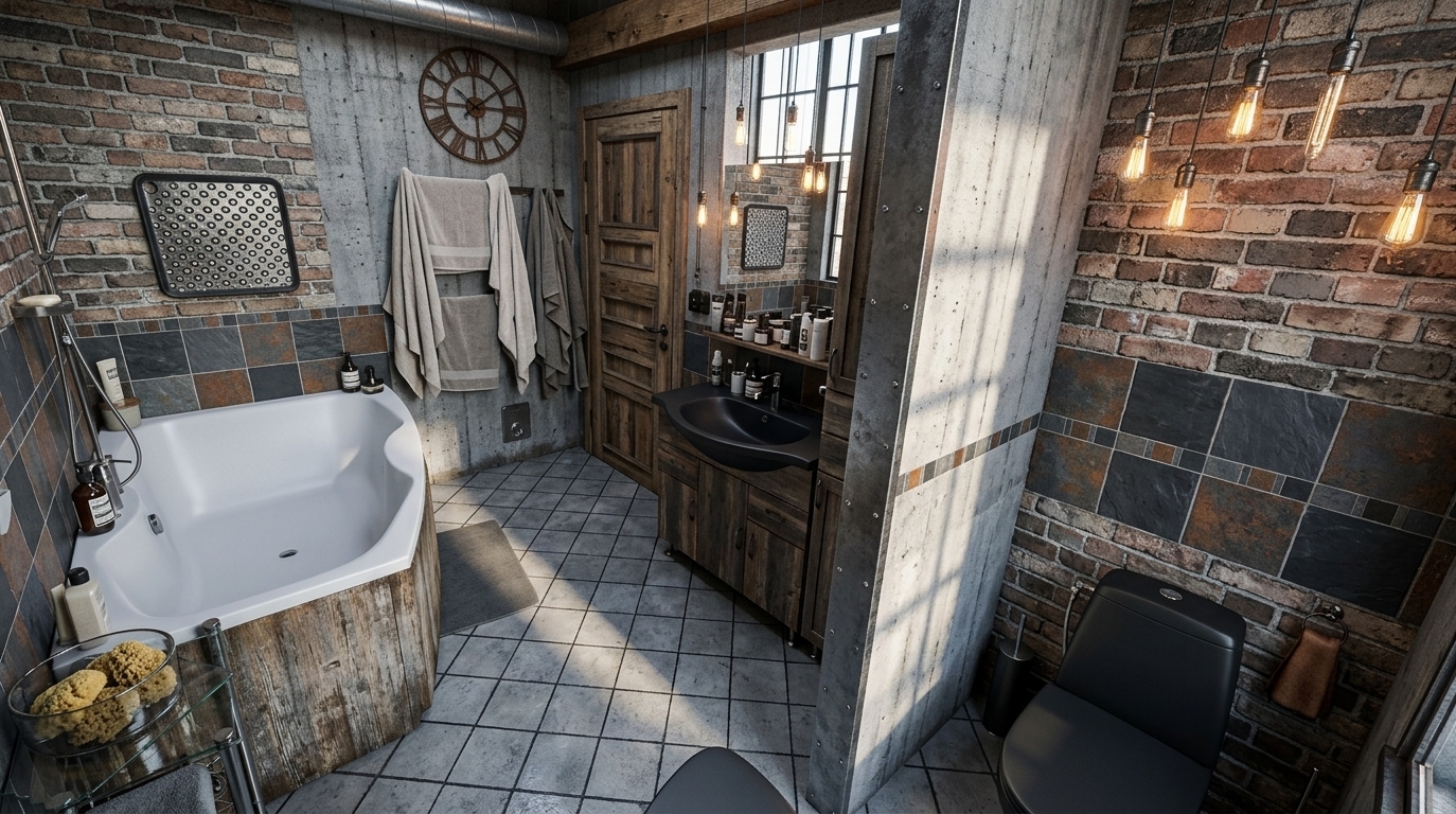 An incredibly lifelike, richly detailed, photorealistic wide-angle interior shot of a spacious, open-plan industrial loft bathroom and living suite set in a refurbished urban warehouse. The scene is illuminated by dramatic morning light streaming through soaring multi-paned factory windows, mixing cool natural tones with warm pendant Edison bulb glows, creating a moody, rugged, and sophisticated atmosphere. Captured with a professional medium format camera and a 24mm wide-angle lens, emphasizing the rich textures of distressed brick, the raw grain of reclaimed wood, and the cold, polished sheen of the concrete flooring. 

In this redesigned layout, the traditional bathroom is replaced by an expansive, open-concept loft where functional areas flow seamlessly. A minimalist, matte black toilet is discreetly integrated against a raw concrete partition wall. Overhead, heavy timber exposed beams and galvanized steel ductwork span the double-height ceiling, emphasizing the warehouse architectural heritage. Adjacent to the wash area, a cozy lounge zone features a deep-tufted vintage leather sofa in a rich cognac brown, paired with a metal and reclaimed wood coffee table that displays an open art photography book. A massive, rusted-iron industrial wall clock with exposed gear details hangs prominently on the weathered brick wall, anchoring a color palette dominated by shades of charcoal black, slate gray, and oxidized rust for a thoroughly cohesive and ruggedly luxurious aesthetic.