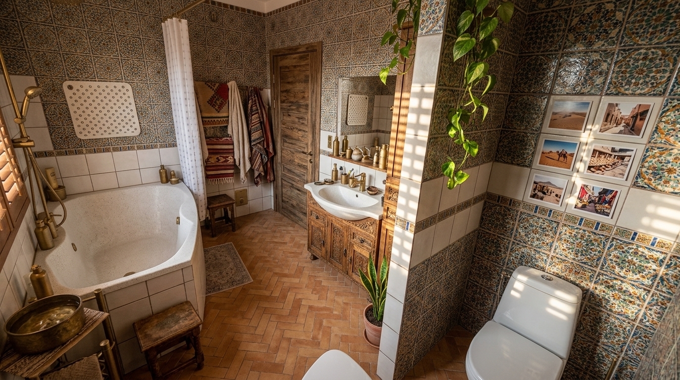 An incredibly lifelike, richly detailed, photorealistic wide-angle interior shot of a worldly traveler’s bathroom set in an eclectic, sun-drenched home. The scene is illuminated by warm, dappled afternoon light filtering through slatted timber shutters, creating an adventurous and nostalgic atmosphere. Captured with a professional 24mm f/2.8 lens, emphasizing the rich textures of hand-painted zellige tiles, woven textiles, and weathered exotic wood grains.

In this reimagined bathroom, the dated tiling is replaced by warm terracotta earth-toned floor tiles laid in a classic herringbone layout, beautifully contrasted by walls adorned with hand-painted Moroccan glazed tiles exhibiting rich global patterns. A vintage, intricately carved wooden dower chest serves as the vanity, supporting a sleek modern white stone vessel sink with unlacquered brass hardware to create a harmonious blend of vintage and modern styles. Hanging beside the modern minimalist toilet is a series of curated, travel-inspired photographic wall art depicting faraway desert landscapes and bustling foreign markets. A sleek, low-profile wooden stool rests nearby, holding a vibrant Turkish hand towel with bright accents and a heavy, linen-bound photography book. Collected surfaces throughout the space are styled with travel-themed decor, such as antique antique brass compasses and hand-thrown pottery, while thriving indoor plants like a trailing pothos and a potted snake plant breathe life into this highly layered, artistic, and unique personal sanctuary.