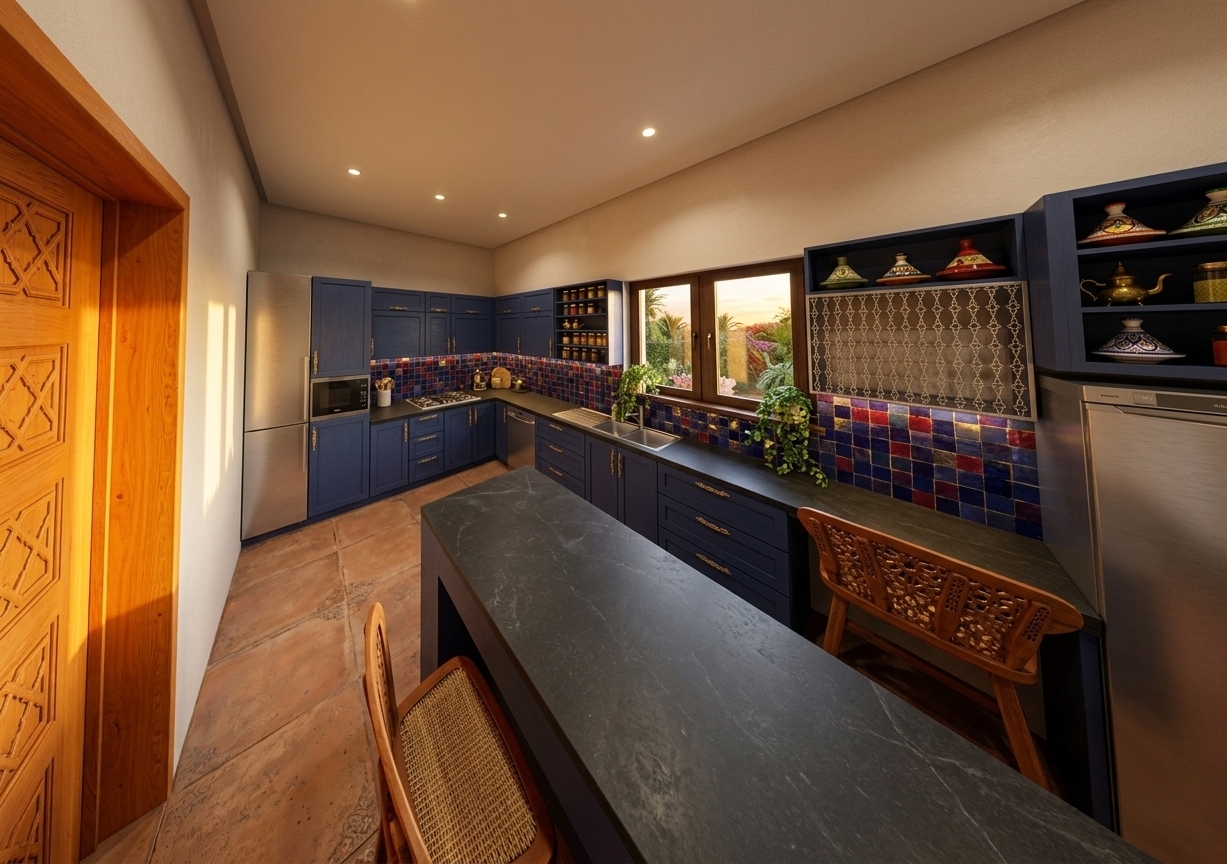An incredibly lifelike, richly detailed, photorealistic interior wide-angle shot of a Moroccan Mystique kitchen set in a luxurious modern villa. The scene is illuminated by warm, golden sunlight streaming through the double window and the soft glow of understated recessed spotlights, creating a sensual, exotic, and welcoming atmosphere. Captured with a 35mm f/1.8 prime lens, emphasizing the vibrant colors, intricate hand-carved textures, and rich metallic finishes...

The kitchen’s layout is transformed into a luxurious Middle Eastern haven, anchored by a grand, hand-carved cedarwood door on the left in a warm honey-orange finish. The sleek cabinetry is finished in a captivating shade of deep indigo blue, ornamented with delicate brass handles that echo traditional Moroccan metalwork. Across the back wall, a vibrant backsplash of hand-cut, glazed Zellige tiles in shades of deep sapphire, crimson red, and shimmering gold captures the light beautifully. The long kitchen island and countertops feature a honed charcoal soapstone surface, providing a dramatic contrast to the intricately carved wooden counter stools that mimic ornate geometric fretwork. Hanging on the wall is an elegant piece of geometric metal wall art, while lush indoor ivy trails gracefully from the windowsills, adding a splash of fresh green to this richly textured, colorful culinary masterpiece.