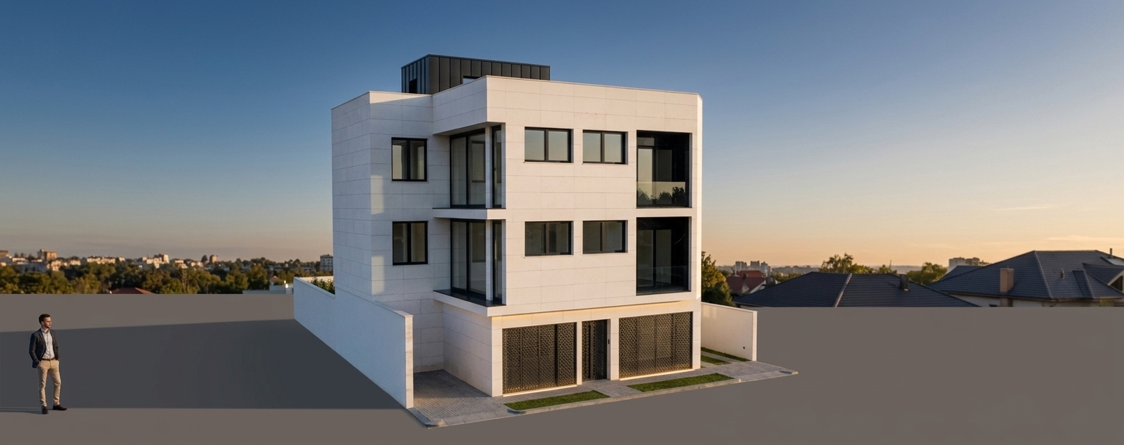 An incredibly lifelike, richly detailed, photorealistic wide-angle architectural photo of a modern three-story minimalist villa set in a serene urban neighborhood. The scene is illuminated by the warm, golden glow of the late afternoon sun, casting soft, elongated shadows and creating an inviting, sophisticated atmosphere. Captured with a professional 24mm tilt-shift lens, emphasizing the crisp geometric lines, the smooth texture of the premium white stone facade, and the dramatic contrast of deep black stone accents within the glass-enclosed terraces.

This minimalist haven features a pristine white stone exterior that exudes quiet luxury and architectural precision. The upper-level terraces are recessed, showcasing polished black stone interior walls covered by floor-to-ceiling glass paneling that reflects the changing colors of the sky. A sleek, clean-lined attic volume crowns the top of the building, seamlessly integrating with the overall block structure. At the ground level, a modern entrance flanked by dark textured panels and ambient upward lighting leads from a neatly manicured paved frontage, enhancing the building's refined, high-end residential appeal.
