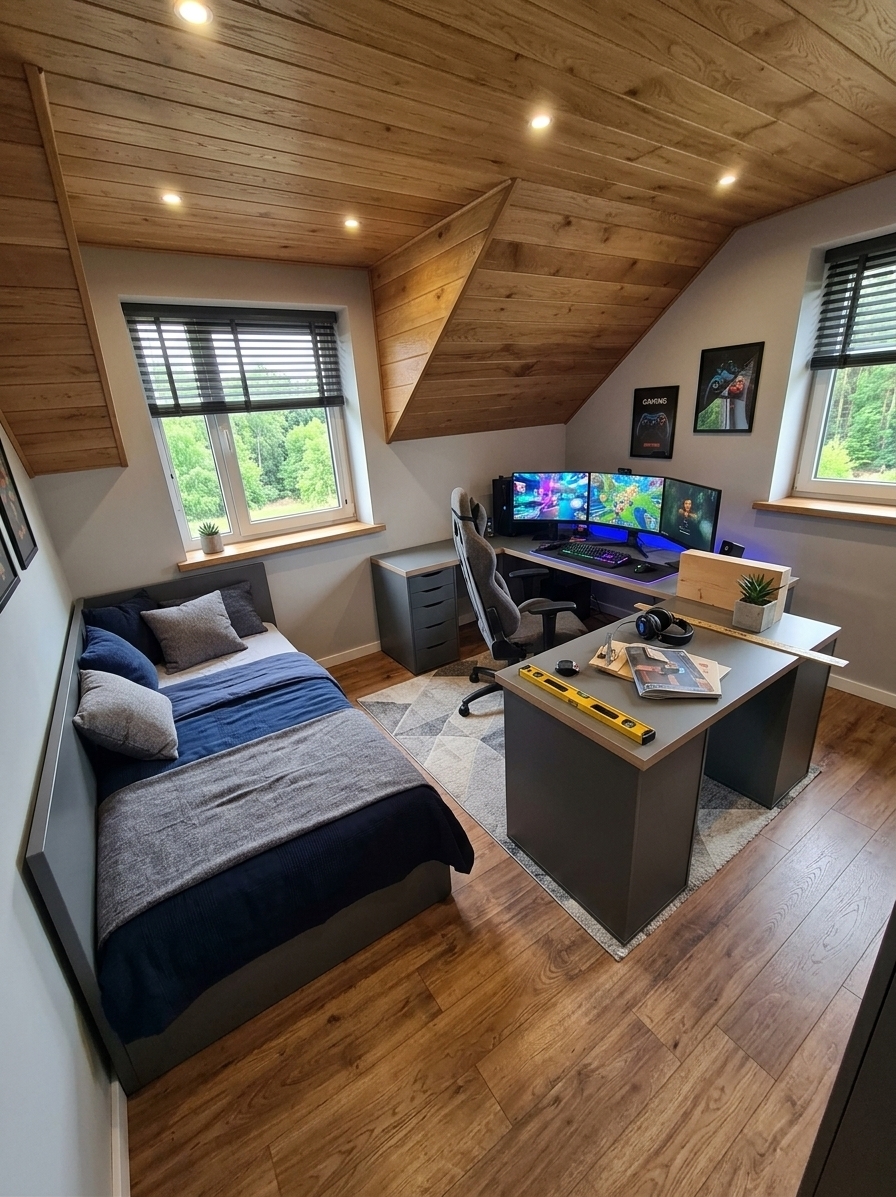 An incredibly lifelike, richly detailed, photorealistic wide-angle interior shot of a modern boy’s gaming room set in a finished cozy attic. The scene is illuminated by a mix of bright midday natural light filtered through the windows and the soft, yet bright glow of recessed ceiling spotlights, creating a warm, vibrant, and energetic atmosphere. Captured with a 24mm f/2.8 lens, emphasizing the smooth textures of the light-gray plastered walls, the rich grain of the oak laminate flooring, and the clean, polished finish of the sloped wooden ceiling. Seamlessly integrated into the corner between the two windows is a custom-designed L-shaped writing and gaming desk, supported on both sides by sleek, floor-length drawer cabinets in matte charcoal gray. On the desk sits an impressive gaming setup with dual monitors, a glowing mechanical keyboard, and a neatly arranged headset, completed by a comfortable, ergonomic gaming chair. Along the left wall, a stylish modern daybed with its headboard resting flat against the wall is dressed in cozy navy blue and heather gray linens with plush throw pillows. The room's architecture remains true to the original layout, but the walls are now flawlessly plastered in a soft light gray, and the rustic wooden ceiling planks have been beautifully sanded, stained, and fitted with flush, bright LED spotlights. On the windows, chic, dark-gray horizontal blinds allow for precise light control, casting gentle shadows across the warm oak laminate floor. Adding warmth to the modern fusion space is a soft, geometric-patterned area rug beneath the desk, a small minimalist succulent in a concrete pot, and a couple of framed gaming-themed art posters, making this a highly functional, incredibly cozy, and inspiring sanctuary for a modern teenager.