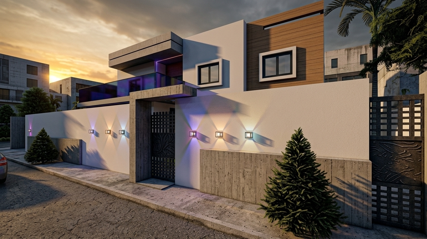 An incredibly lifelike, richly detailed, photorealistic low-angle exterior shot of a cyber eclectic fusion house set in a vibrant urban environment. The scene is illuminated by the harsh, golden rays of a setting sun clashing against emerging neon-tinged accent uplights, creating a bold, moody, and futuristic atmosphere. Captured with a professional wide-angle lens, emphasizing the highly detailed textures of the raw concrete base, smooth white stucco walls, and warm composite wood paneling. The sleek architectural lines of the two-story residence are elevated with tech-inspired details; the dark glass balcony features subtle holographic reflections shifting in shades of deep blue and purple, while the intricate dark metal lattice gates add an industrial, secure feel. Cube-shaped exterior lights cast sharp, dramatic shadows down the white perimeter wall, beautifully framing the manicured evergreen trees that punctuate this clean, modern streetscape.