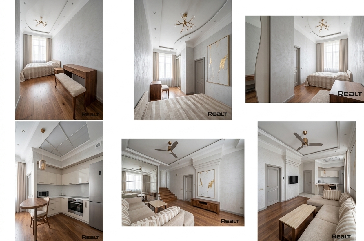 An incredibly lifelike, richly detailed, photorealistic wide-angle interior photo of a sophisticated junior hotel suite set in a luxury high-end metropolitan boutique hotel. The scene is illuminated by soft, diffused morning sunlight streaming through floor-to-ceiling sheer drapes, creating a serene, light-filled, and airy atmosphere. Captured with a professional 35mm lens, emphasizing the fine textures of tailored upholstered furniture, the cool sheen of polished stone, and the subtle warmth of slim metal accents. The redesigned layout replaces the cluttered original spaces with a balanced, clean-lined open-plan composition of contemporary elegance. The walls are finished in a refined palette of soft gray, pearl, and warm white, completely eliminating the dated magenta panels and busy patterned wallpaper. A minimalist, low-profile sectional sofa clad in a champagne-toned bouclé fabric anchors the living zone, paired with a low polished travertine coffee table. Behind the seating arrangement, a curated piece of large-scale abstract wall art with metallic gold leaf details hangs elegantly on a textured plaster wall. In the corner, replacing the old kitchen layout, is a sophisticated wet bar featuring pearl-lacquered cabinetry, integrated high-end appliances, and a polished white quartz countertop. Overhead, a sculptural, branch-like brushed brass chandelier hangs as a functional work of art, casting a warm, understated glow that elevates the room to the level of a high-end photography book feature.