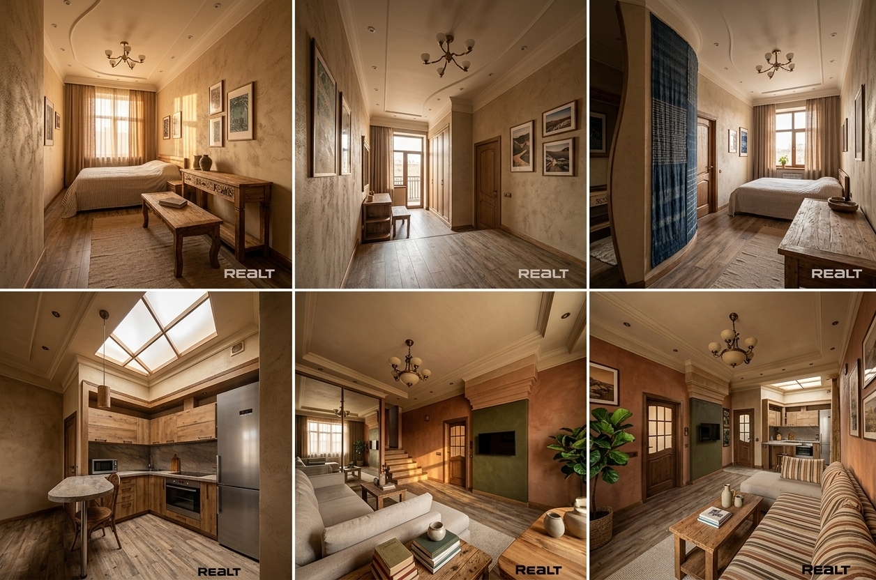 An incredibly lifelike, richly detailed, photorealistic wide-angle interior shot of a worldly, eclectic hotel suite set in a curated boutique lodge. The scene is illuminated by warm, golden hour sunlight filtering through sheer linen drapes, creating a nostalgic, adventurous, and deeply inviting atmosphere. Captured with a 24mm f/2.8 lens, emphasizing the rich tactile textures of hand-woven fabrics, raw wood grains, and lush green foliage, the reimagined space elevates the original compact layout into a spacious, open-concept "Traveler’s Trove" sanctuary. The walls, once covered in simple floral paper, are now finished in a tactile, sandy-textured plaster that serves as an artistic canvas for a curated gallery wall of travel-inspired art, including vibrant screen prints and fine art travel photography. Where the stark pink accent walls once stood, sophisticated earthy tones of terracotta, deep olive, and burnt sienna now wrap the room, energized by bright global patterns on throw pillows, hand-woven Moroccan shag rugs, and indigo-dyed textiles. A harmonious mix of thoughtfully sourced furniture defines the space, featuring a low-slung, modern linen-upholstered sectional, a vintage mid-century rattan armchair, and a rustic, hand-carved teak coffee table. Collected wooden surfaces are artfully styled with stacked photography books, antique brass travel instruments, and hand-thrown ceramic vessels. Vibrant indoor plants, including a towering fiddle-leaf fig and trailing devil's ivy, bring natural life into the corners, seamlessly transitioning the eye toward the plush sleeping alcove where a low-profile bed, draped in layers of organic mustard-yellow and sage-green linen, promises a luxurious and deeply restful escape.