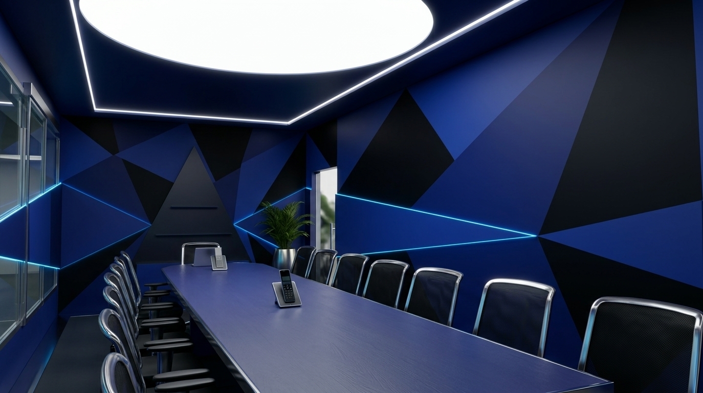 An incredibly lifelike, richly detailed, photorealistic wide-angle interior shot of a futuristic meeting room set in a cutting-edge corporate techno wonderland. The scene is illuminated by a massive, glowing circular LED dome embedded in a deep navy ceiling recess and subtle, vibrant neon highlights along the geometric panels, creating a dynamic, immersive, and highly innovative atmosphere. Captured with a professional 24mm tilt-shift lens, emphasizing the rich contrasting textures of the matte-finished indigo table, the glossy metallic finishes of the modular furniture, and the stark, dynamic lines of the accent walls. The space features modular metal and plastic design throughout, highlighted by a long, deep-blue boardroom table flanked by rows of ergonomic black mesh-backed chairs with sleek chrome frames. The walls are adorned with giant, contrasting geometric patterns in deep black and royal blue that mimic larger-than-life glitch art installations, adding a surreal, digital vibe to the room. Tech-forward, minimalist communication consoles rest on the table’s smooth satin surface, while a hint of lush green indoor plants tucked in the corners introduces a organic touch to the eclectic, techno-inspired workspace. The composition leads the eye down the dramatic perspective of the long table towards a dark triangular graphic on the far wall, showing off brilliant reflections, crisp shadows, and a sophisticated depth of field characteristic of a premium design catalog illustration.