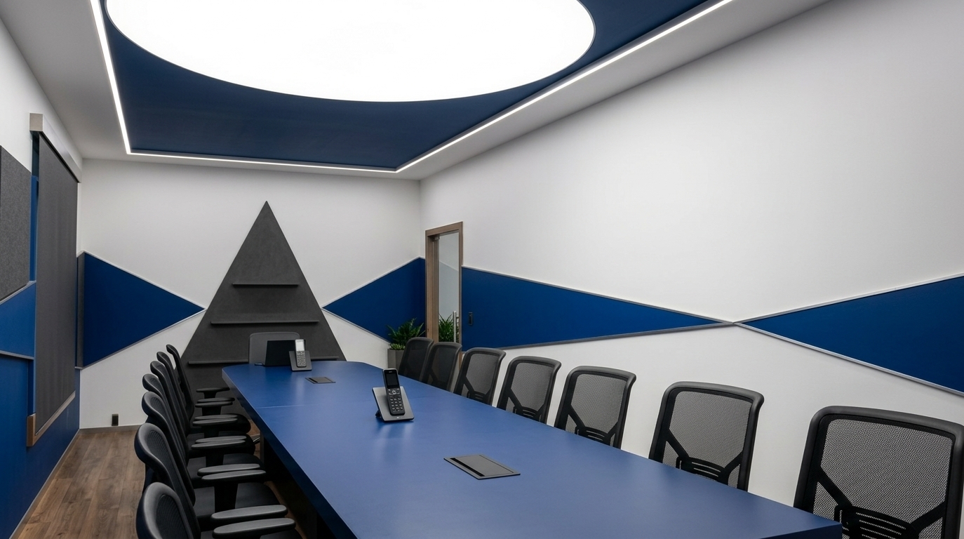 An incredibly lifelike, richly detailed, photorealistic wide-angle interior shot of a modern fusion meeting room set in a sleek urban corporate office. The scene is illuminated by a massive, diffused circular ceiling light and subtle linear accent lights, creating a dynamic, focused, and highly professional atmosphere. Captured with a professional 24mm architectural lens, emphasizing the sharp geometric lines, smooth surfaces, and bold color contrasts, the image showcases a long, pristine conference table in a vibrant navy blue finish stretching through the center of the room. Surrounding the table are architectural-grade ergonomic chairs with matte black frames and breathable mesh backs, aligned with modular precision. The pristine white walls are offset by dramatic, bold abstract wall art consisting of oversized deep blue triangles on the flanks, converging toward a striking charcoal-gray triangular feature on the far head wall. Overhead, the clean geometric theme continues with a deep blue recessed ceiling section housing the central glowing light, while modern wood-plank flooring underfoot adds warmth to the industrial-inspired aesthetic. Subtle metallic trims, minimalist office tech on the table, and a hint of lush greenery peeking from a sleek corner planter complete this highly contemporary, open-concept design with impactful, clean sophistication.