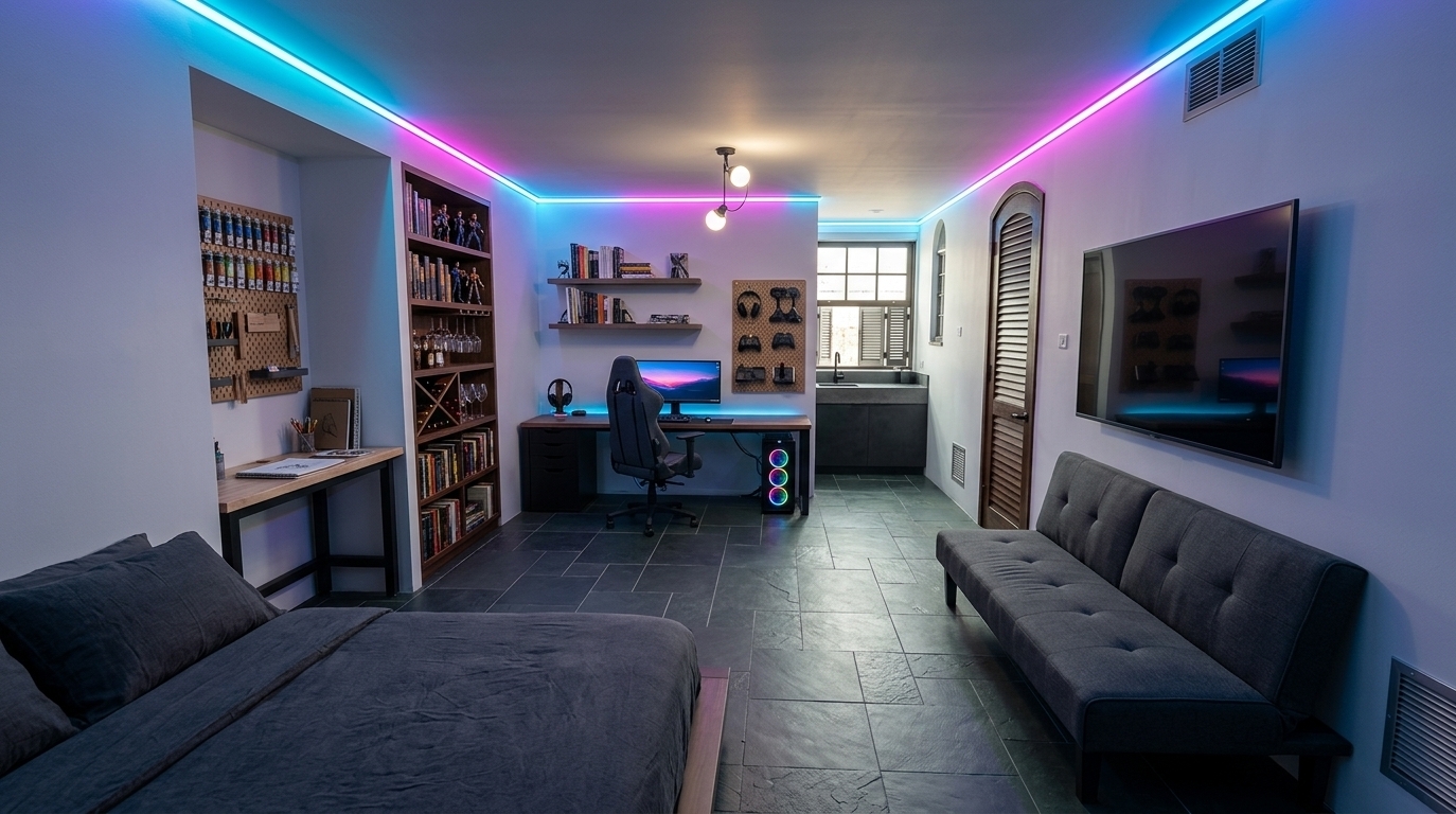 An incredibly lifelike, richly detailed, photorealistic wide-angle interior shot of a multi-functional masculine bedroom and creative studio set in a modern, industrial-styled home with dark green natural slate flooring. The scene is illuminated by vibrant, custom-color LED strip lighting running seamlessly along the upper ceiling joints, casting a glowing techno-wonderland mood, while subtle daylight streams from the rear window to create a layered, atmospheric depth. Captured with a 24mm f/2.8 lens, emphasizing the matte, natural split texture of the slate floor tiles, the sleek grains of custom wood furniture, and the glossy metallic surfaces of high-tech gear. In the immediate left foreground, a low-profile platform bed with charcoal linen bedding establishes a cozy resting zone. Moving down the left wall, the first deep architectural alcove is fitted with a creative atelier workbench complete with neatly organized paint tubes, sketchbooks, and a wooden tool organizer pegboard. The adjacent second alcove houses a customized floor-to-ceiling bookshelf filled with classic novels and collectible action figures, featuring a dedicated mid-section with built-in bottle racks displaying wine bottles and elegant glassware. Against the back wall, a streamlined gaming command center features a wide-angle monitor, a custom gaming PC with glowing RGB fans, and an ergonomic gamer chair oriented at a ninety-degree angle to the wall; above the desk, floating shelves carry reference books and design objects next to a custom panel holding a headset, joysticks, and gaming peripherals. Across the room along the right wall, a sleek, dark gray fabric sofa-bed offers a comfortable lounge spot directly facing a large wall-mounted flat-screen TV. In the far rear corner beneath the window, a compact, stylish auxiliary wet-bar sink with a matte black faucet is integrated into a dark concrete-finish countertop, transforming this preserved architectural layout into the ultimate creative and recreational sanctuary.