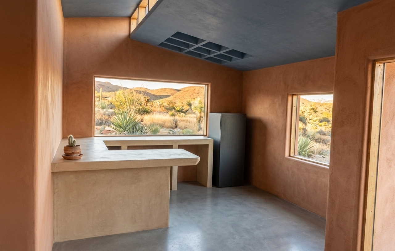 An incredibly lifelike, richly detailed, photorealistic wide-angle interior photo of a minimalist kitchen set in a tranquil Southwestern desert retreat. The scene is illuminated by sun-drenched, golden natural light streaming through expansive raw-framed windows, creating a warm, tranquil, and invitingly arid atmosphere. Captured with a professional 24mm tilt-shift lens, emphasizing the organic texture of hand-applied terracotta-toned adobe walls and the smooth, matte tactile surfaces of the furniture. In the foreground, an elegant and simplistic concrete peninsula counter in a soft sandy beige curves gracefully into the room, its clean, pared-down surface accented only by a small, rustic clay pot cradling a delicate cactus. Behind it, a sleek, minimalist charcoal cabinet stands tall next to a wide, expansive window that frames the outdoor desert landscape like a vibrant piece of living wall art. The flooring is a seamless, cool grey micro-cement that reflects the soft ambient light, balancing the warm color palette of terracotta, beige, and neutrals. Overhead, a unique stepped ceiling highlights a split level, with a smooth slate-blue plaster finish contrasting beautifully against the higher, warm-toned ceiling section with its subtle clerestory openings, evoking the serene and sophisticated essence of a high-end architectural photography book.