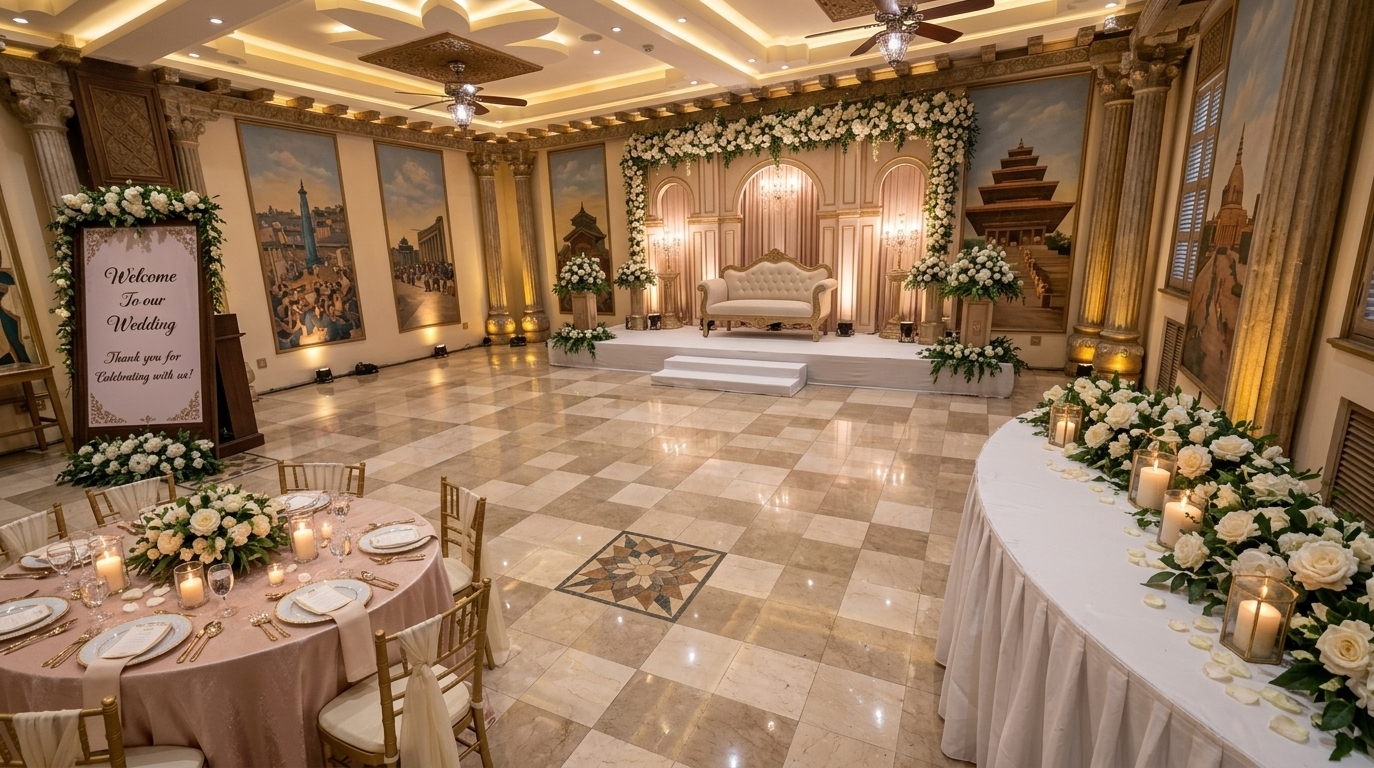 An incredibly lifelike, richly detailed, photorealistic wide-angle interior photograph of an ultra-luxurious contemporary wedding reception hall set in a grand, historic banquet venue. The scene is illuminated by a warm, romantic combination of indirect LED cove lights, golden floor uplights, soft spotlights, and hundreds of shimmering candles, creating an enchanting, high-end atmosphere. Captured with a 24mm f/2.8 lens, emphasizing the glossy sheen of the polished marble checkerboard floor, the plush texture of the ivory velvet, and the delicate, dew-kissed petals of massive flower arrangements. 

Preserving the heritage character of the venue, the original towering columns, checkerboard flooring, ceiling structure, and rich wall murals remain intact, framing a stunning new visual centerpiece. At the focal end of the hall, the grand stage is elevated on sleek, high-gloss white steps, adorned with cascading, asymmetrical floral installations of white roses, peonies, orchids, and lush eucalyptus greenery. The backdrop consists of sophisticated, layered architectural panels with curved arches and fluted details finished in a palette of champagne, blush, and warm ivory with gold trim. At the center sits a sophisticated ivory velvet loveseat flanked by golden side tables, while perfectly balanced floral pedestals frame the stage beautifully. The dining tables in the foreground are draped in shimmering blush cloths and topped with crystal candle holders, ensuring a seamless flow and an aesthetic of unparalleled elegance inspired by the world's most elite wedding designs.