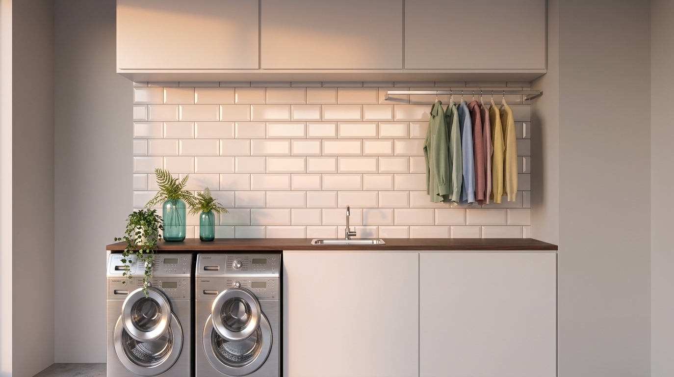 An incredibly lifelike, richly detailed, photorealistic straight-on interior shot of a minimalist laundry and utility zone set in a serene modern home during a calm spring sunset. The scene is illuminated by the soft, warm golden hour daylight filtering from an unseen window, creating a serene, peaceful, and uncluttered atmosphere. Captured with a 35mm prime lens, emphasizing the glossy sheen of the beveled white subway tiles, the rich, dark wood grain of the countertop, and the pristine metallic reflections within the dual front-loading washing machines.

This minimalist haven prioritizes functional elegance with its streamlined design and monochromatic color scheme, softened by subtle pastels from the neatly hung garments on the upper right's sleek metal rack. Below the dark wooden worktop, two state-of-the-art washing machines sit perfectly flush next to seamless white flat-panel cabinets, while a small, elegant undermount sink with a modern faucet occupies the center. Adding a touch of natural life, two translucent teal glass vases holding delicate green indoor plants sit on the left, bringing a breath of spring indoors. The clean, geometric composition and absolute lack of clutter cultivate a deeply relaxing, Zen-inspired environment that turns everyday utility into a visual masterpiece of modern design.