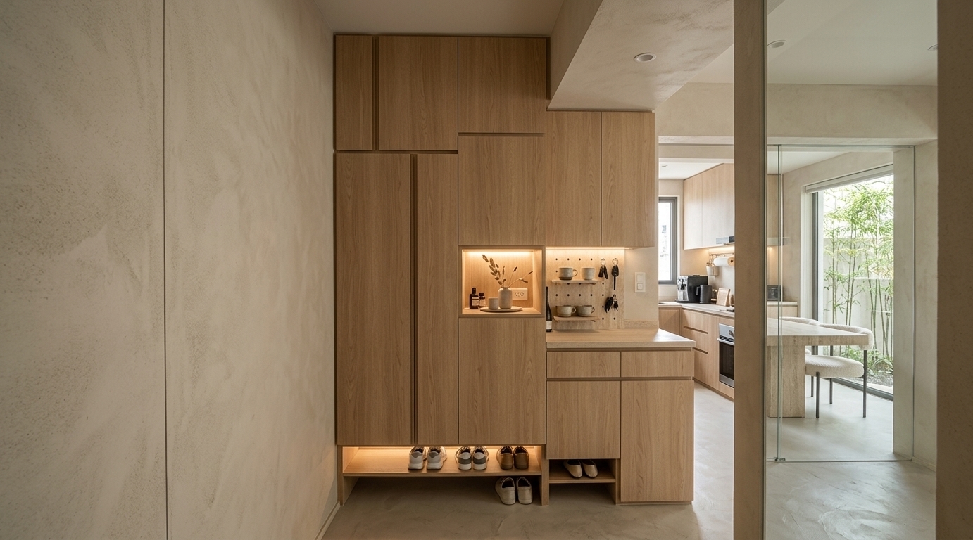 An incredibly lifelike, richly detailed, photorealistic wide-angle interior photo of a sleek, ultra-modern minimalist meeting room set in a high-end boutique creative studio. The scene is illuminated by soft, diffused natural daylight filtering through large sheer drapes, supplemented by warm indirect LED backlighting in custom cabinetry, creating a tranquil, highly focused, and serene atmosphere. Captured with a 15mm tilt-shift lens on a medium-format camera, emphasizing the crisp geometric lines, tactile microcement floor, and raw elegance of the oak and plaster finishes. 

This reimagined minimalist haven seamlessly blends modern functionalism with warm organic materiality. The original entryway cabinetry is transformed into an architectural accent wall of flush, handleless oak panels integrated with raw-plaster finished walls, highlighting an illuminated asymmetric display recess that holds a collection of handmade ceramic vessels. Strategically anchored in the center of the room is a custom monolithic travertine meeting table paired with elegant, low-profile chairs in textured ivory boucle. A seamless floor-to-ceiling glass wall opens up to a subtle outdoor bamboo garden, bringing the calming essence of nature inside. The space achieves a perfect, serene balance of human-scale proportions, hidden-storage utility, and quiet luxury, making it an ideal modern sanctuary for creative thinking.