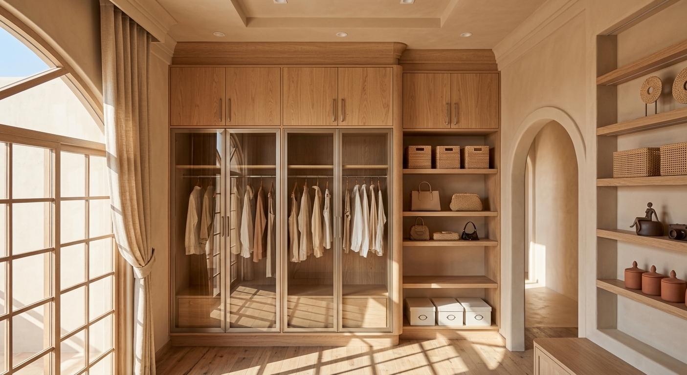 An incredibly lifelike, richly detailed, photorealistic wide-angle interior photo of a minimal walk-in closet set in a tranquil desert retreat. The scene is illuminated by bright, direct midday summer sunlight streaming through a large grid window, creating a warm, sun-drenched, and tranquil atmosphere. Captured with a professional 35mm lens, emphasizing the organic grain of the light oak cabinetry, smooth beige plaster walls, and the soft, tactile drapes, the composition presents a serene Southwestern sanctuary. Custom wardrobes with elegant glass panes and sleek metal frames reflect the brilliant daylight, standing alongside built-in open shelving organized with minimalist storage baskets and desert-inspired decor. An adjacent, smooth adobe arched doorway leads deeper into the home, perfectly complementing the color palette of terracotta, beige, and warm neutrals. The rustic wooden plank flooring is striped with long, sharp shadows from the window mullions, completing this simplistic and arid-inspired dressing space.