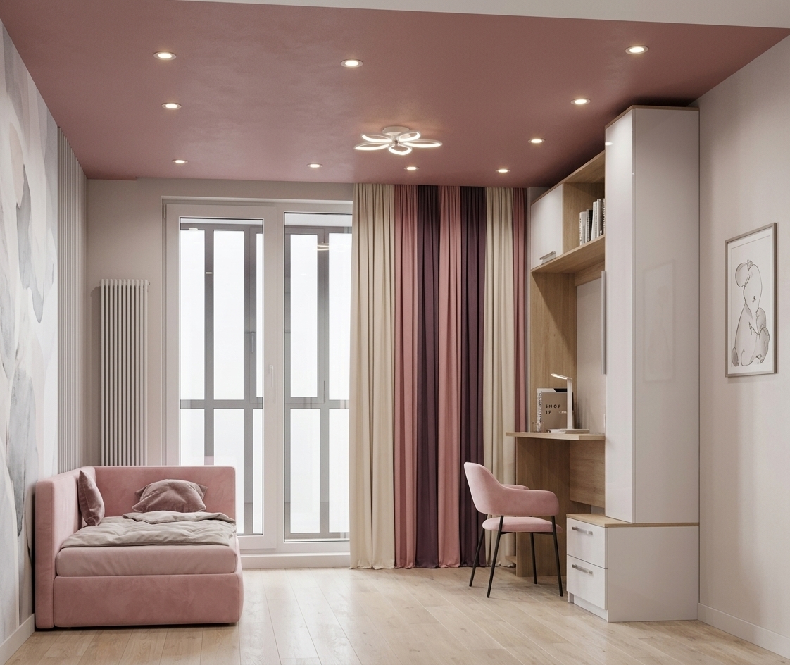 An incredibly lifelike, richly detailed, photorealistic wide-angle interior photo of a minimalist haven designed as a serene, multifunctional study and bedroom space in a modern apartment. The scene is illuminated by soft, diffused natural daylight streaming through large balcony doors and warm ceiling spotlights, creating a calm, balanced, and zen-inspired atmosphere. Captured with a 35mm lens, emphasizing the velvety matte texture of the unique dusty-rose painted ceiling, the plush velvet upholstery of the cozy daybed, and the clean, modern lines of the custom cabinetry.

The room’s layout highlights an elegant, uncluttered composition where functional simplicity meets contemporary design. On the left, a low-profile daybed in a pastel pink finish stands against a feature partition featuring soft, abstract wall art in shades of white, gray, and subtle pastels. On the right, a high-gloss, sleek white integrated desk and wardrobe unit dominates the wall, featuring clutter-free surfaces and streamlined shelves designed to display minimal decor and photography books. A minimalist pink desk chair with slender black metal legs sits elegantly at the wooden-topped workspace, while soft, floor-to-ceiling drapes in cream, rose pink, and deep plum frame the bright window, adding depth and luxurious textile contrast to this soothing modern sanctuary.