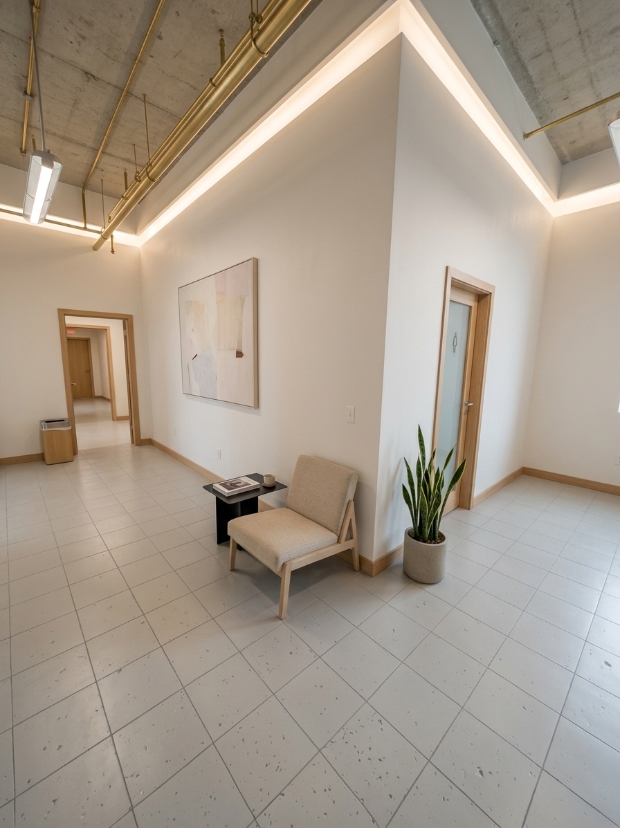An incredibly lifelike, richly detailed, photorealistic wide-angle interior shot of a minimalist coworking space set in a converted modern architectural pavilion. The scene is illuminated by diffused, soft warm architectural cove lighting and gentle natural light spilling from an unseen source, creating a serene and zen-like atmosphere. Captured with a Hasselblad H6D-100c medium format camera equipped with a 24mm lens, emphasizing the fine textures of smooth matte walls, polished resin floors, and the soft grain of light oak furniture.

In this reimagined corner, the once-stark industrial corridor is fully transformed into a peaceful, uncluttered minimalist haven. The sharp central corner wall is finished in a smooth, matte soft-white plaster, serving as a clean backdrop for a large, understated piece of abstract wall art in subtle pastel tones. The old tiled flooring is upgraded to a seamless, light gray poured-resin floor with a soft satin finish. In the corner nook, a sleek wooden armless chair crafted from light white oak pairs beautifully with a low, black metallic side table displaying a curated photography book. A slender snake plant in a matte concrete pot stands elegantly by the wall, injecting organic warmth. The harsh fluorescent lighting has been replaced with dimmable, recessed LED strip lights that cast a soft glow along the ceiling edge, creating a highly functional, sophisticated, and serene environment perfect for quiet collaboration.