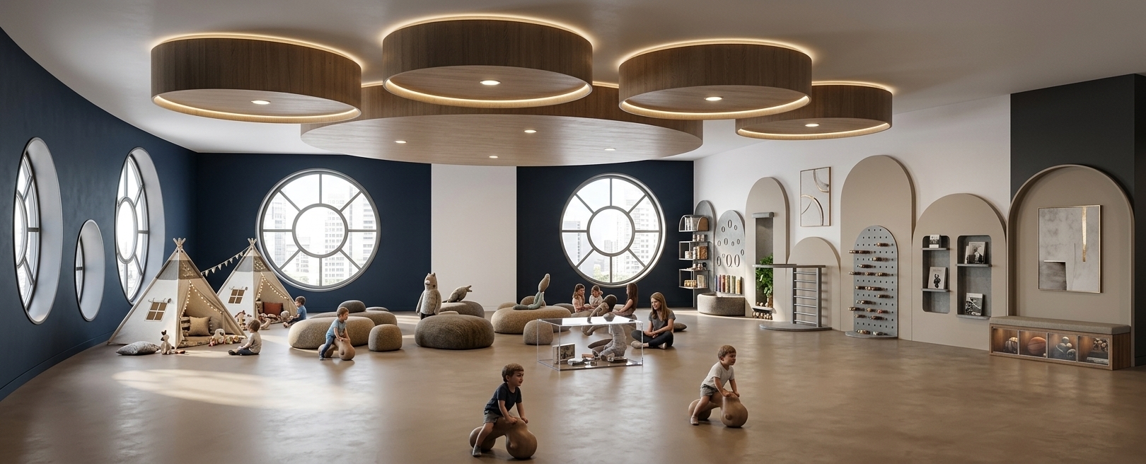 An incredibly lifelike, richly detailed, photorealistic wide-angle interior photo of a modern fusion gaming lounge and activity room set in a sleek urban development. The scene is illuminated by bright midday light pouring through striking oval porthole windows, creating a dynamic, clean, and energetic atmosphere. Captured with a 24mm tilt-shift architectural lens, emphasizing the smooth matte wall finishes, varnished wooden elements, and bold geometric shapes. The space features an open-concept layout with deep matte midnight-blue walls contrasted by clean white and charcoal panels. Suspended from the ceiling are large, modular circular wood-veneer acoustic panels that cast soft, diffused shadows below. Along the right wall, a series of sleek, beige arched alcoves display minimalist decor, including a curated photography book in a concrete recess and abstract wall art, flanked by subtle metallic accents and hints of lush greenery. The warm-toned, smooth micro-cement floor provides a seamless ground for modular seating, sleek play teepees, and streamlined wooden activity stations, making this a masterpiece of contemporary, industrial-inspired interior design.
