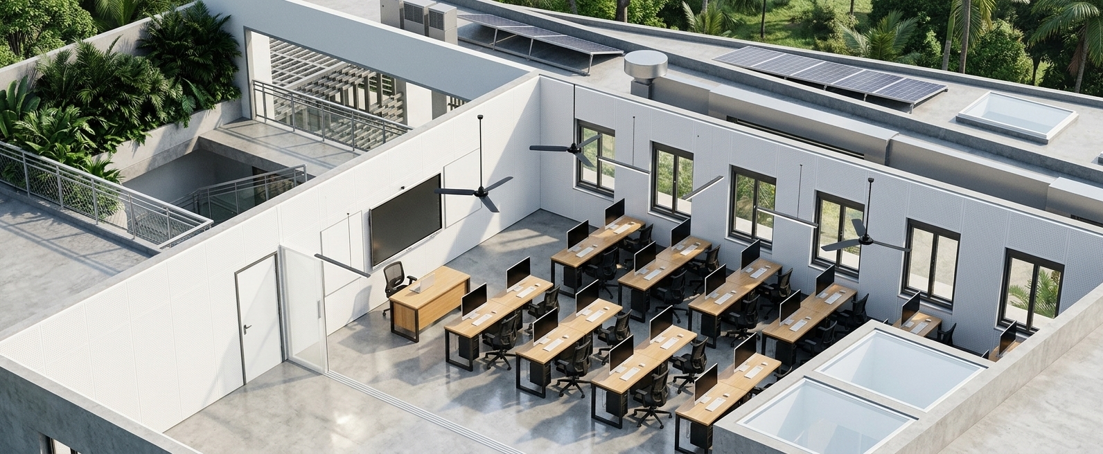 An incredibly lifelike, richly detailed, photorealistic elevated high-angle perspective architectural photo of a contemporary tropical computer training classroom set in a vibrant, sustainable educational campus. The scene is illuminated by bright, diffused midday sunlight streaming through a long row of dark-framed windows, complemented by warm interior LED glow, creating an energizing, bright, and focused educational atmosphere. Captured with a professional wide-angle tilt-shift lens, emphasizing the crisp polished concrete lines, matte-finished aluminum frames, and warm wood accents.

Inside the spacious, rectangular main hall, exactly matching the clean architectural layout, 25 state-of-the-art computer workstations are organized in clean, parallel rows. Each setup consists of a modernist light-oak desk with hidden, integrated cable management, paired with an ergonomic black mesh office chair. At the front of the classroom, a clean teacher's desk sits adjacent to an interactive smart board mounted on a white acoustic wall. The seamless, mirror-polished concrete floor reflects the light from the row of six large, high-clearance aluminum-framed windows, which feature operable glass panes for cross ventilation. Overhead, the ceiling boasts white geometric acoustic panels, sleek black multi-blade ceiling fans, and suspended minimalist linear LED lighting. To the left, a heavy-duty white door opens to a bright, open-air terrace with clean metal balustrades, where lush, dark green tropical foliage creeps into view, effortlessly merging the modern, high-tech interior with the fresh, natural tropical surroundings.