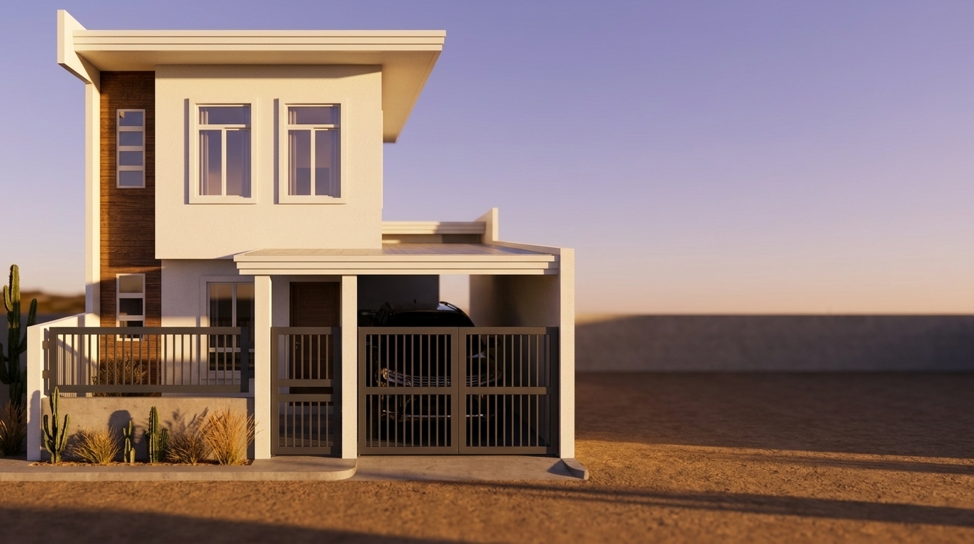 An incredibly lifelike, richly detailed, photorealistic front-elevation architectural photograph of a modern, two-story minimalist residential house set in a serene desert retreat landscape. The scene is illuminated by the intense, warm golden light of a late afternoon sun, casting long, dramatic shadows across the facade and creating a rustic yet sophisticated atmosphere. Captured with a professional 35mm tilt-shift lens, emphasizing the contrast between the smooth, chalk-white stucco of the cantilevered upper volume, the rich, deeply textured brown wood cladding on the left accent wall, and the matte charcoal-gray metal of the security gates. 

Behind the sleek vertical iron slats of the gate, a glossy black modern SUV sits parked within the shaded concrete carport, its polished surfaces catching subtle ambient glints. The double-hung upper windows and lower glass panes reflect the soft violet and amber hues of the fading desert sky, while minimal native cacti and dry ornamental grasses lining the concrete base add a touch of organic warmth to the home's striking, clean-lined geometric design.
