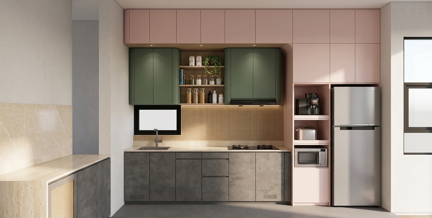 A professional architectural photograph of the kitchen during a bright, sunny spring midday, captured with a high-end camera from a straight-on perspective. The scene is illuminated by soft, natural light spilling from the side, casting gentle, diffused shadows that define the rich textures. The upper cabinets feature a smooth matte finish in a delicate pastel pink and a soft sage green, while the center open shelves are made of light oak wood, displaying realistic glass jars, ceramic canisters, and a vibrant green potted plant with trailing leaves. The backsplash is a polished cream-colored travertine marble with subtle, elegant veining under the soft under-cabinet LED glow. The countertops are a durable matte charcoal stone with realistic micro-textures, housing a recessed black cooktop and a sleek black faucet over the sink. The lower cabinets showcase a highly tactile, woven light-wood tambour texture that catches the warm daylight. To the right, a brushed stainless steel refrigerator and neatly integrated appliances—a black espresso machine, a white toaster, and a microwave—display realistic metallic and plastic finishes with faint, natural reflections. The surrounding walls are finished in a finely textured matte grey plaster, completing a clean, inviting, and photorealistic space captured with sharp focus and a natural, airy atmosphere.