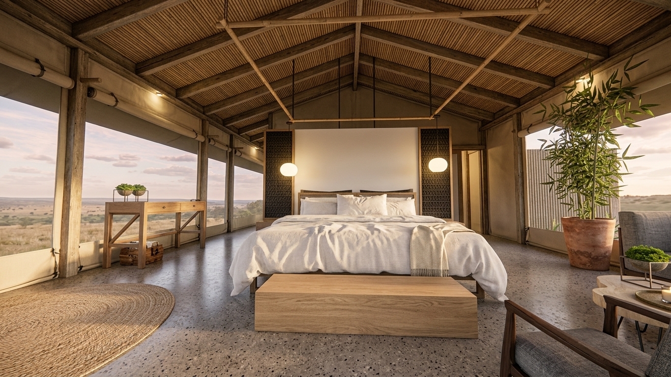 A wide-angle, photorealistic photograph of a luxury safari tent bedroom interior during the warm golden hour, preserving the exact composition and structure of the scene. The vaulted ceiling features natural bamboo slats supported by rustic, exposed dark timber rafters, illuminated by a concealed, warm LED strip along the perimeter beam that casts a soft, golden wash upwards. The large panoramic side openings frame a distant, sun-drenched savanna under a soft blue sky, with sheer, off-white curtains gently framing the views. The bed is dressed in high-thread-count white linen with realistic, organic creases and a soft woven throw blanket at its foot, positioned behind a solid light-oak wood bench. On either side of the headboard, dark, intricate woven rattan panels are accented by glowing, soft-white spherical pendant lights. To the left, a rustic wooden console table holds small dark metal planters, while on the right, a lush, vibrant green bamboo plant sits in a textured stoneware pot. The flooring has a smooth, natural finish, partially covered by a soft, round woven area rug on the left. The scene is captured with a high-end camera lens, displaying rich atmospheric depth, a natural warm color temperature, gentle lens vignette, and subtle imperfections like faint dust motes in the light beams and realistic wood-grain textures.